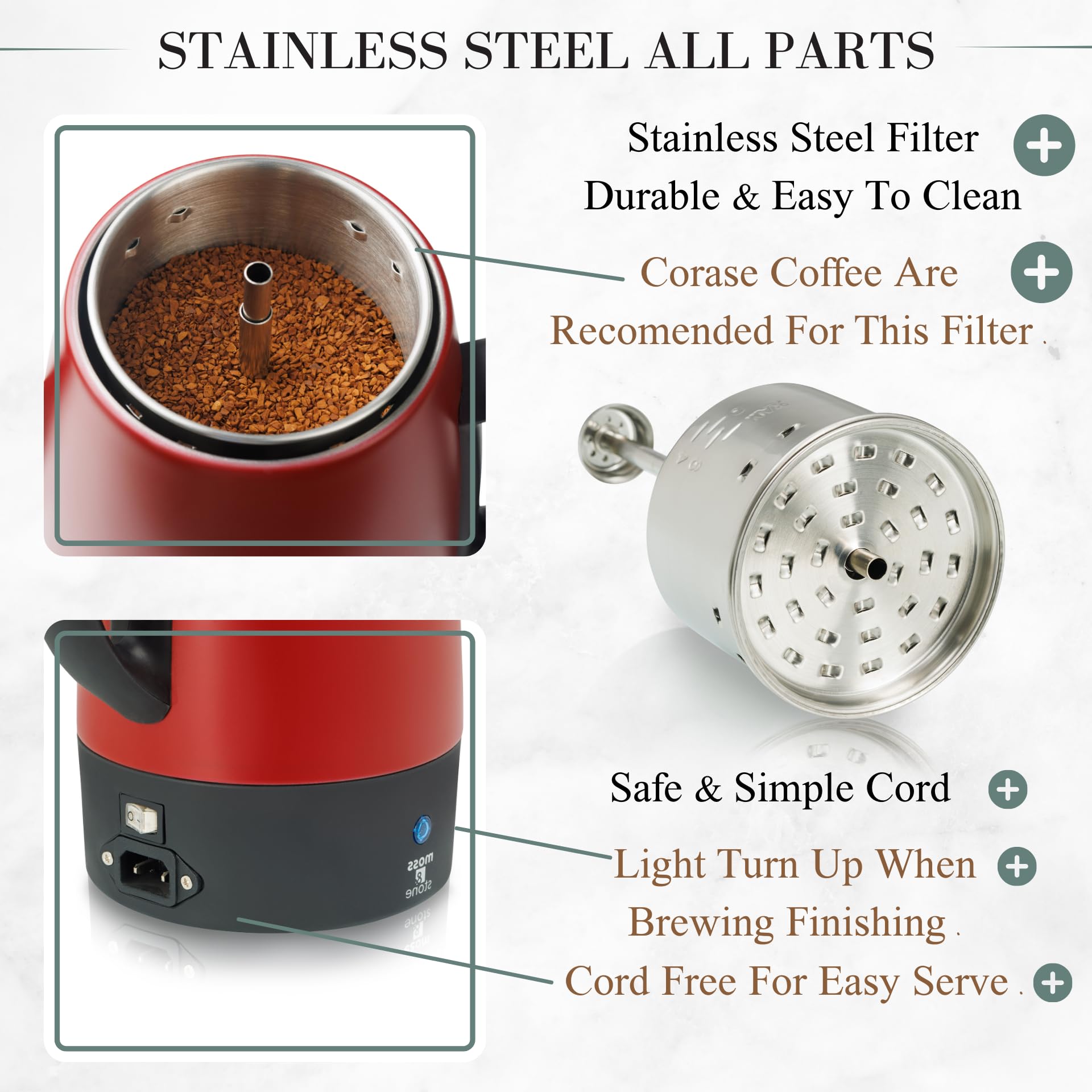 Cafetera eléctrica Moss & Stone, cuerpo rojo con tapa de acero inoxidable, cafetera eléctrica, cafetera de camping roja de 10 tazas