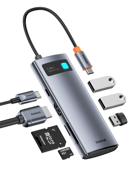 Baseus - Adaptador USB C a HDMI, estación de acoplamiento USB C 4K a 60Hz, Hub USB C 7 en 1 con 3 USB-A, PD 100W, lector de tarjetas TF/SD, base USB C compatible para iPhone