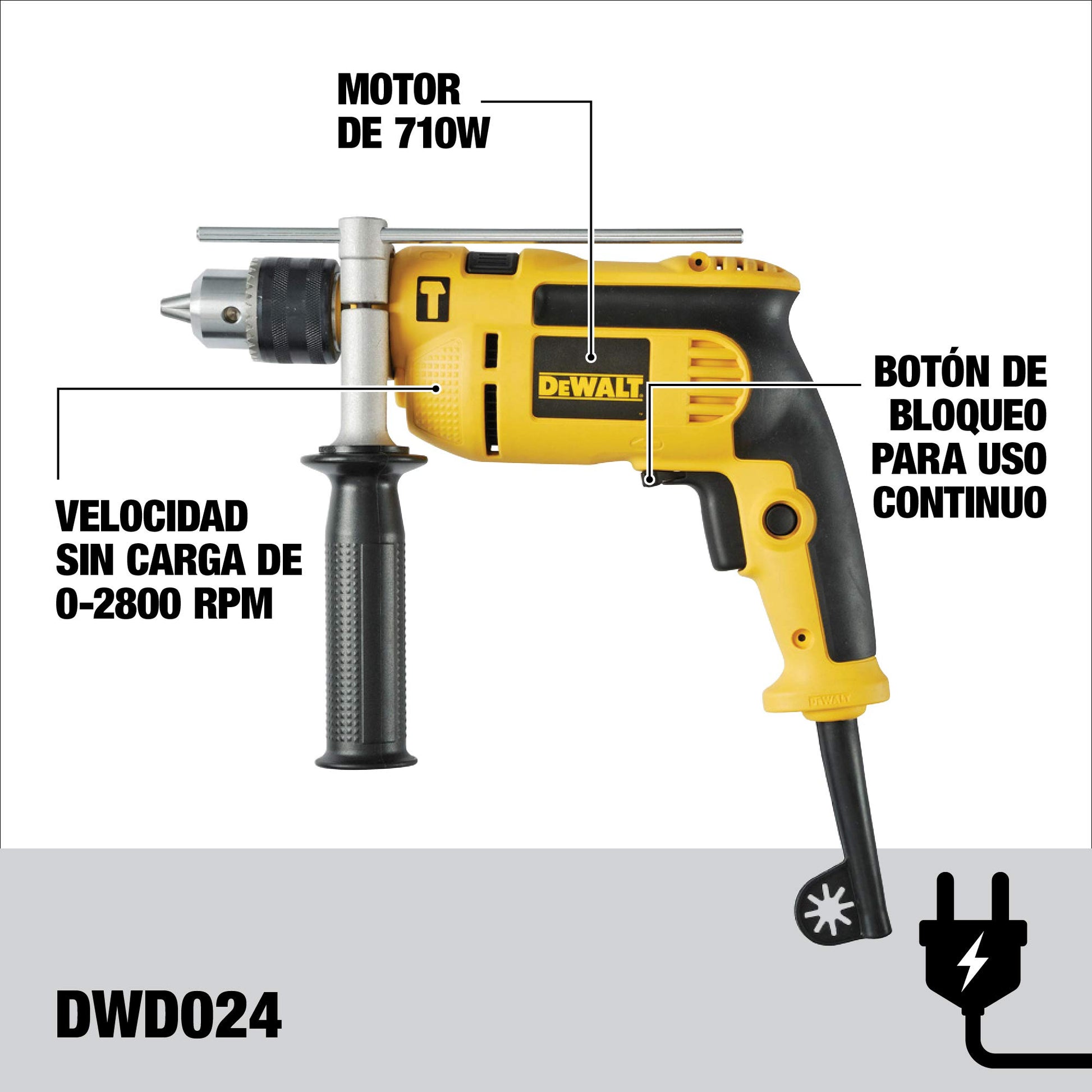 DEWALT Taladro Percutor 1/2" (13mm), 710W, 0-2600RPM, DWD024