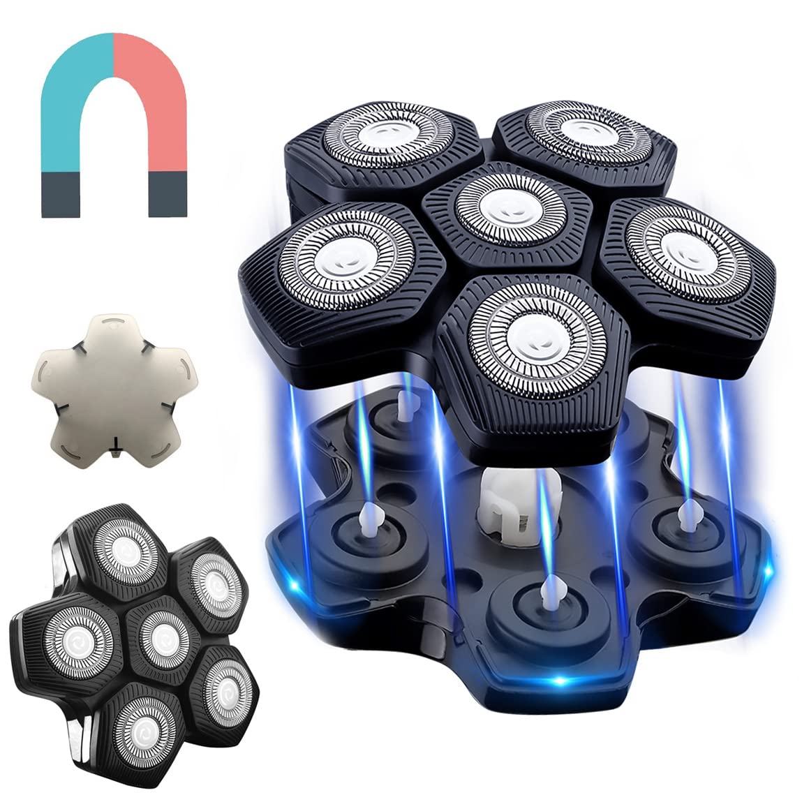 WAHFOX Cuchillas de repuesto para afeitadora de cabeza de 6 cuchillas, interfaz magnética, diseño único para afeitadora de cabeza Telfun AidallsWellup Wyklaus