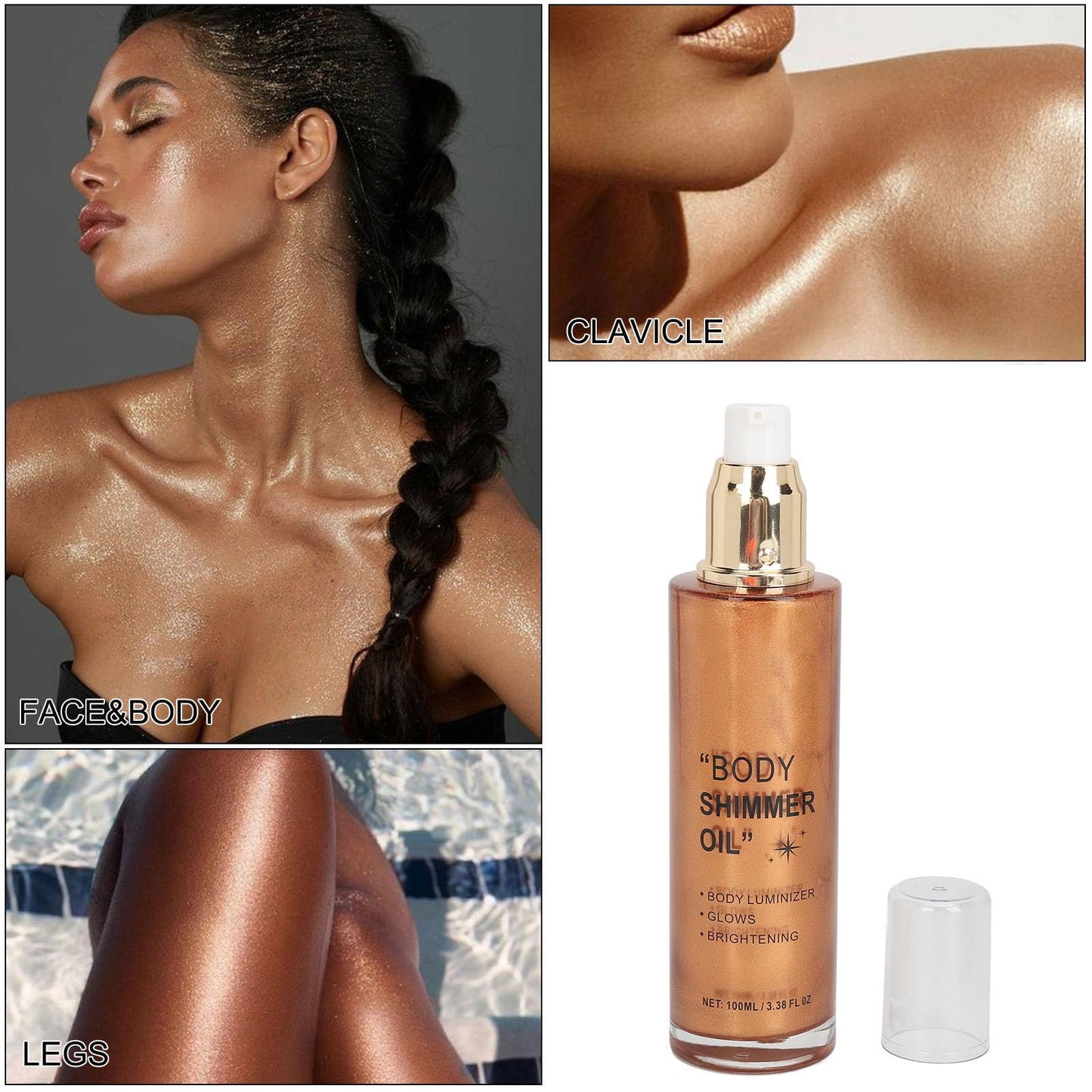 Sonew 100ml Aceite Iluminador Corporal Líquido con Brillo de Larga Duración, Aceite Brillante para el Cuerpo con Textura Ligera, Luminizador Líquido para Rostro y Cuerpo (Marrón