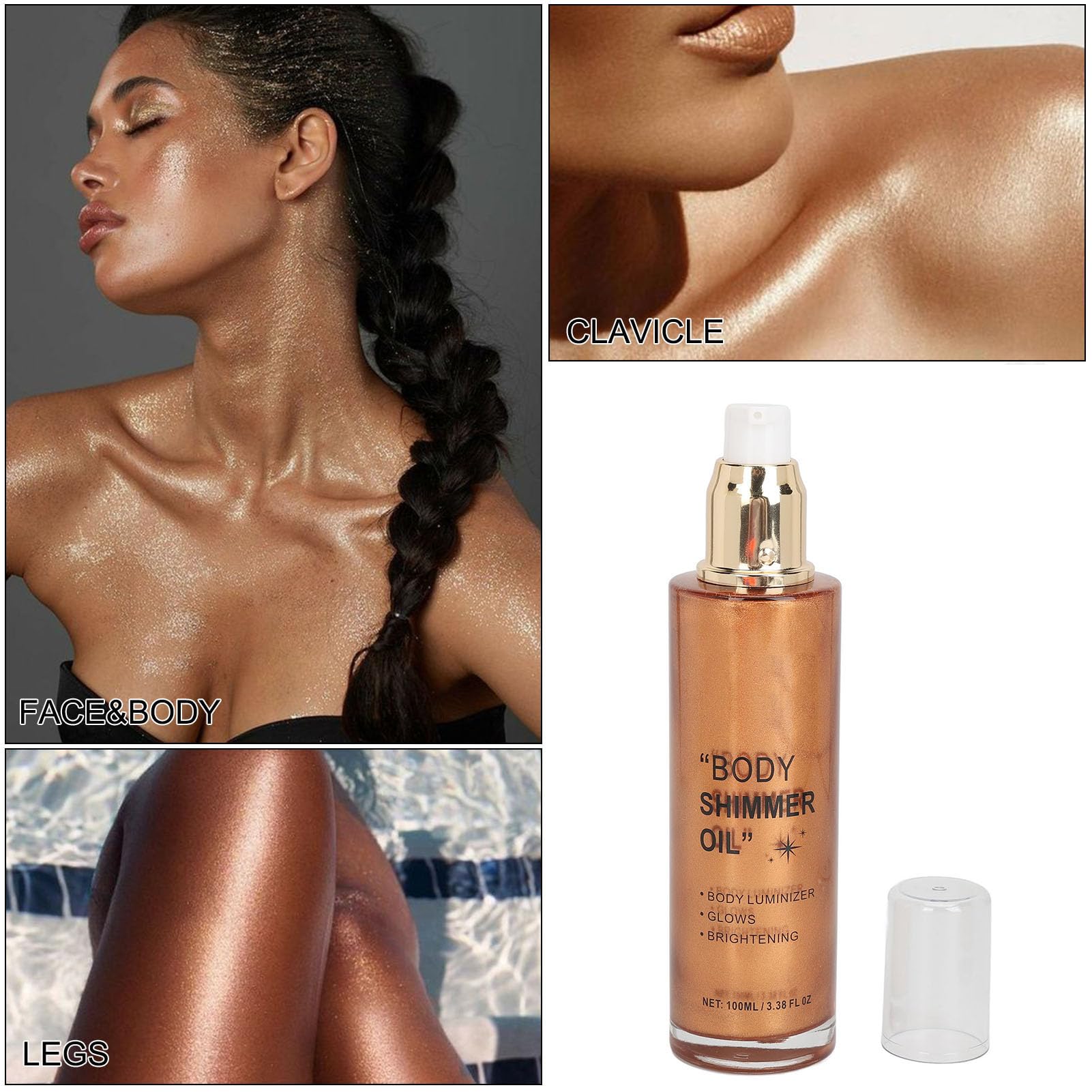 Sonew 100ml Aceite Iluminador Corporal Líquido con Brillo de Larga Duración, Aceite Brillante para el Cuerpo con Textura Ligera, Luminizador Líquido para Rostro y Cuerpo (Marrón