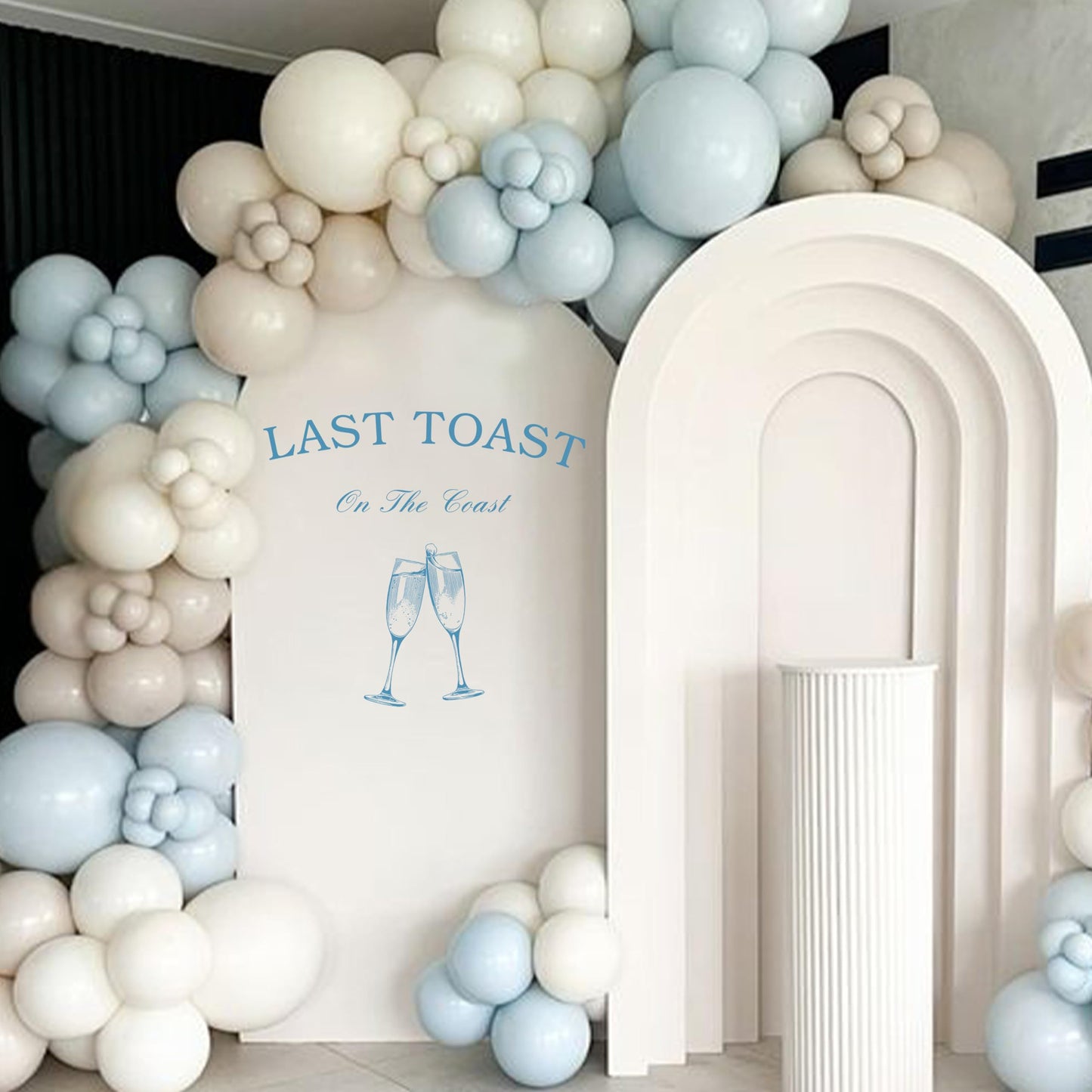 Gostman Last Toast on The Coast - Calcomanía de pared con texto en inglés "Last Toast on The Coast", letras azules con diseño de copa de vino, decoración de fiesta de boda (calcomanía costera)