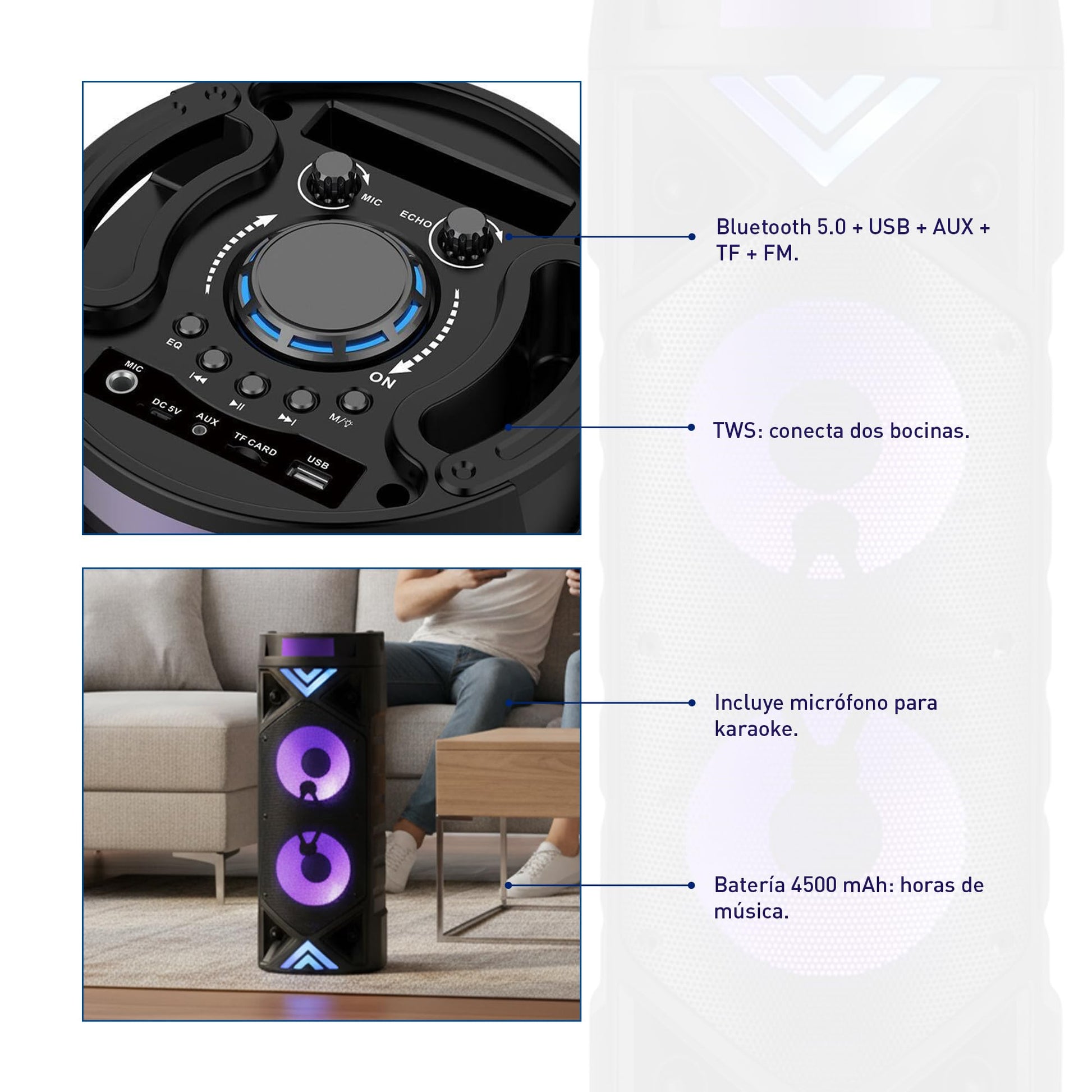 Bluelander Bocina Bluetooth Portátil 25W, Power Bass Dual 6.5, Altavoz con Micrófono, Karaoke, Luces LED, Radio FM, USB, AUX y TWS
