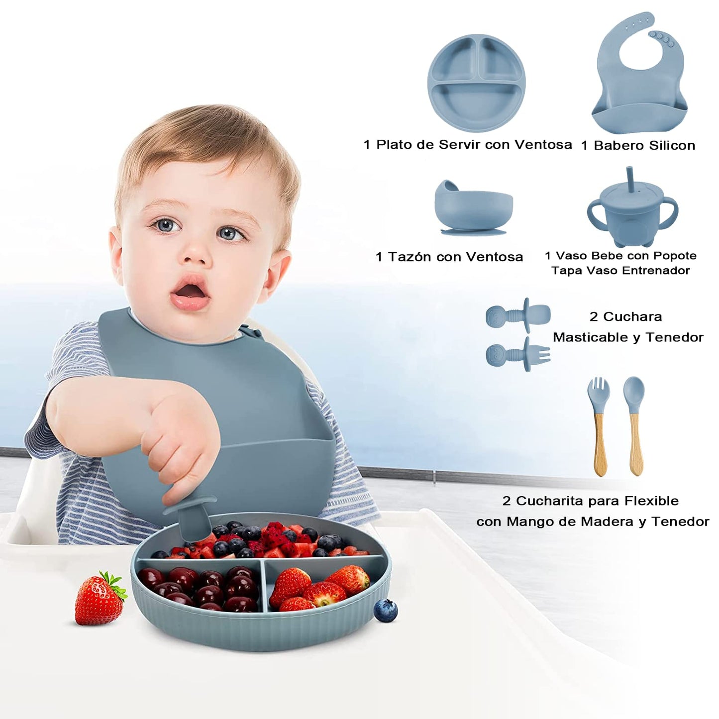 Set de Vajillas y Platos de Silicona, Azul, con Ventosas y Baberos Ajustables para Bebé, Seguros para Alimentos, Sin BPA, 8 Piezas, Ideal para Babyshower