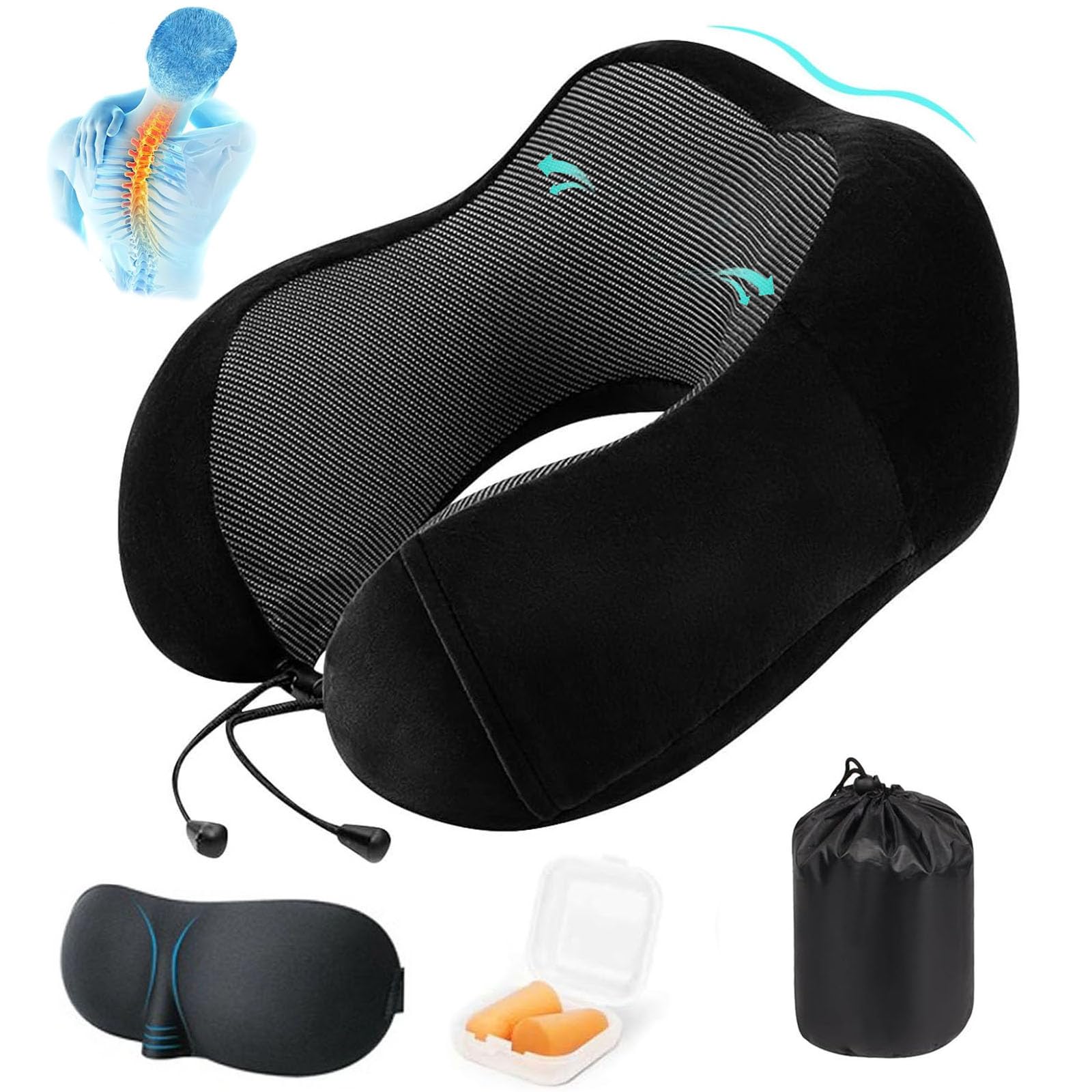 CISSSEE Almohada de Viaje,Almohada de Cuello Viscoelástica de Espuma de Memoria con Máscara de Ojos,Tapones para los oídos y Bolsa con Cordón, Soporte de Cuello para Avión, Oficina y el Hogar (Negro)