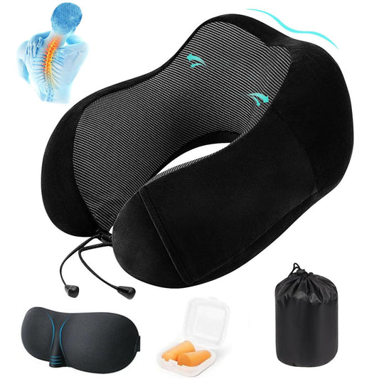 CISSSEE Almohada de Viaje,Almohada de Cuello Viscoelástica de Espuma de Memoria con Máscara de Ojos,Tapones para los oídos y Bolsa con Cordón, Soporte de Cuello para Avión, Oficina y el Hogar (Negro)