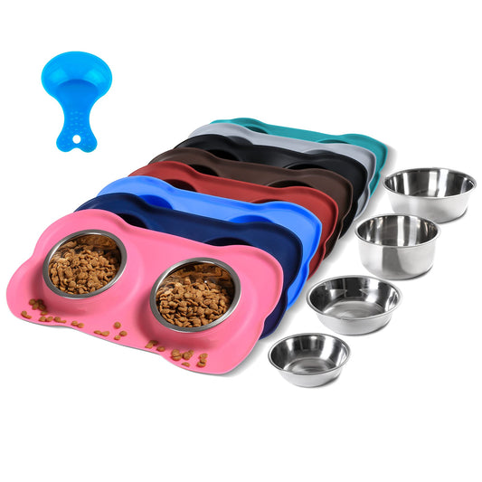 Hubulk Pet Dog Bowls 2 Stainless Steel Dog Bowl with No Spill Non-Skid Silicone Mat + Pet Food Scoop Feeder Bowls for Feeding Dogs Cats Puppies Small Medium (S, Pink)