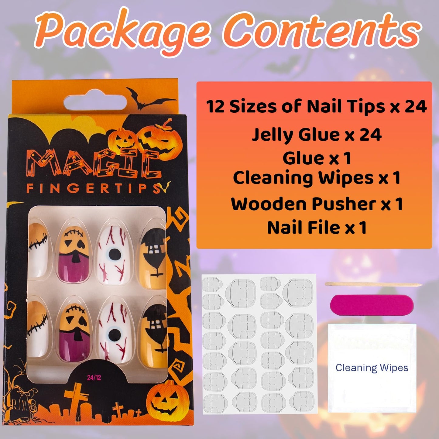 Muswarm Uñas postizas de Halloween, tamaño mediano, cortas y cuadradas, 24 piezas con calabaza, araña y casa embrujada, decoración de Halloween, con herramientas, amarillo, negro y blanco.