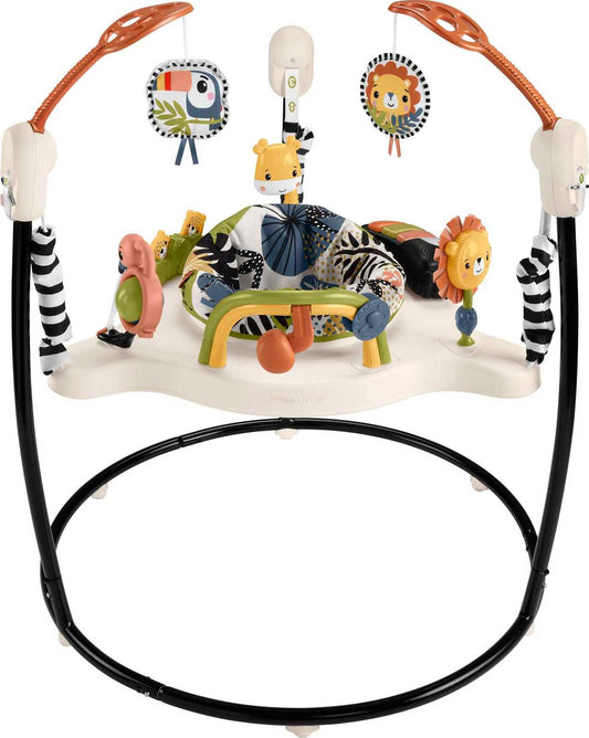 Fisher-Price Baby Bouncer Palm Paradise Jumperoo Centro de actividades con luces musicales sonidos y juguetes de desarrollo