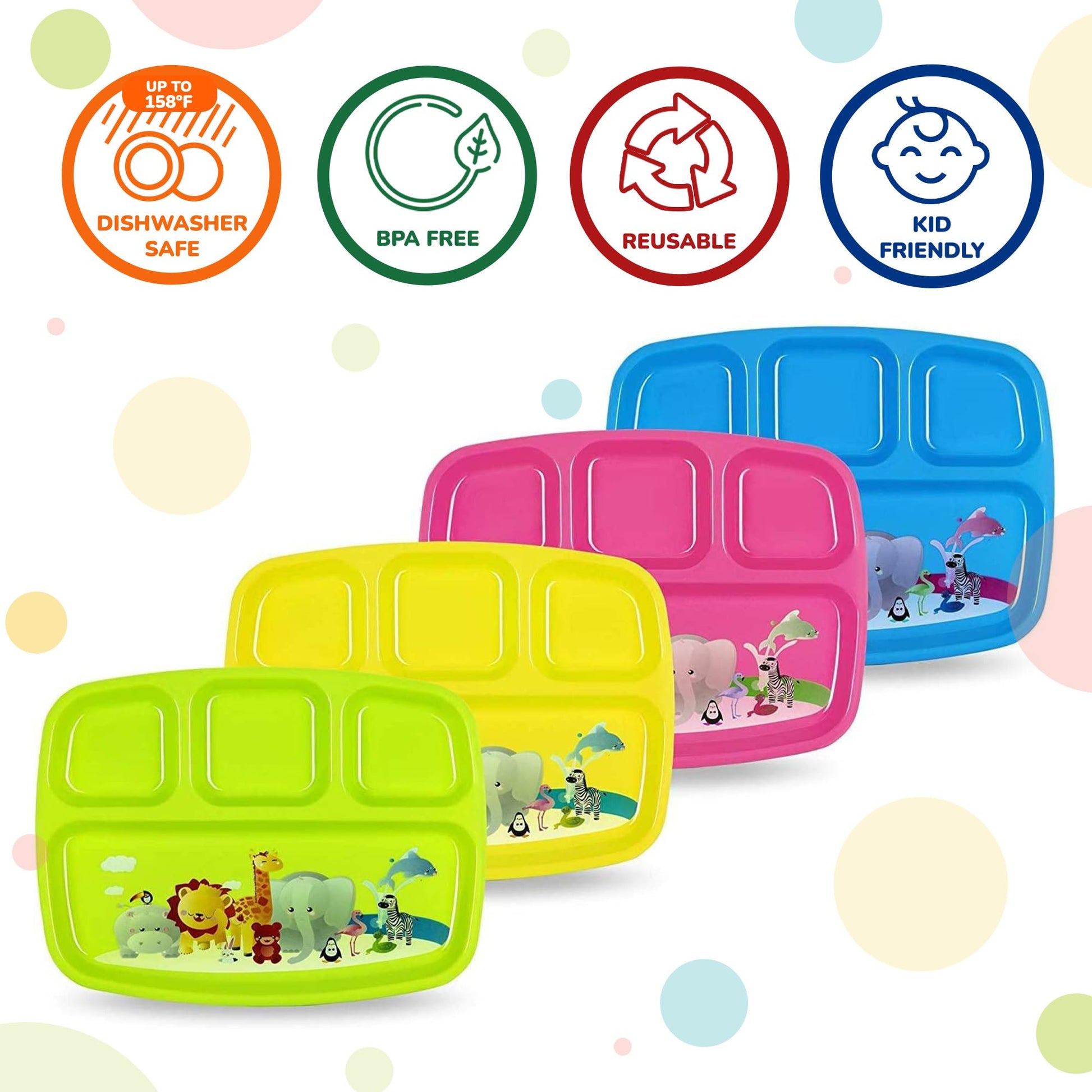Platos de Plástico PLASKIDY Colores Brillantes con Divisores y Diseño de Zoológico para Niños