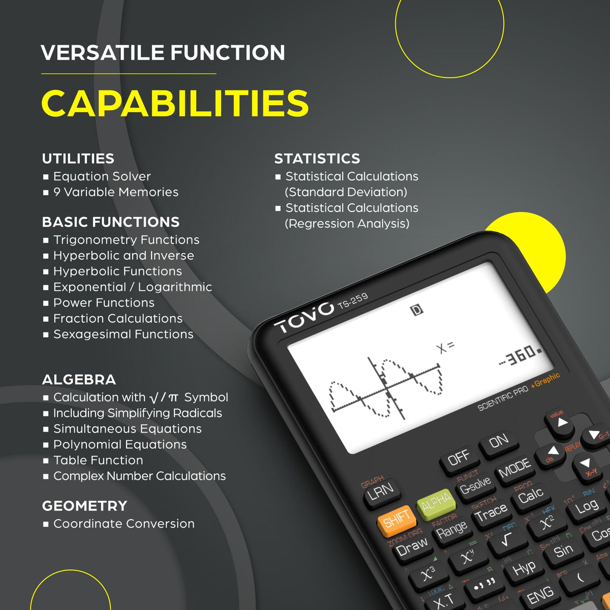 Calculadora Científica TOVO Visualización Grande con Funciones Gráficas 360 Funciones TS-259