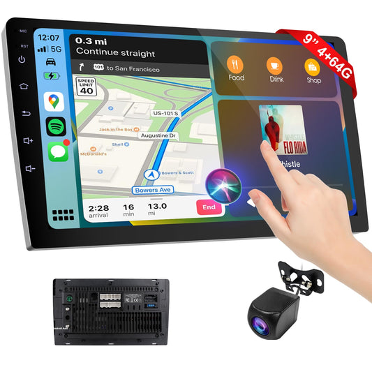 Estéreo inalámbrico de doble DIN para coche con Apple CarPlay/Android Auto, visualización Carplay para coche, control de voz con cámara de respaldo, Bluetooth, navegación, enlace de espejo (9 pulgadas