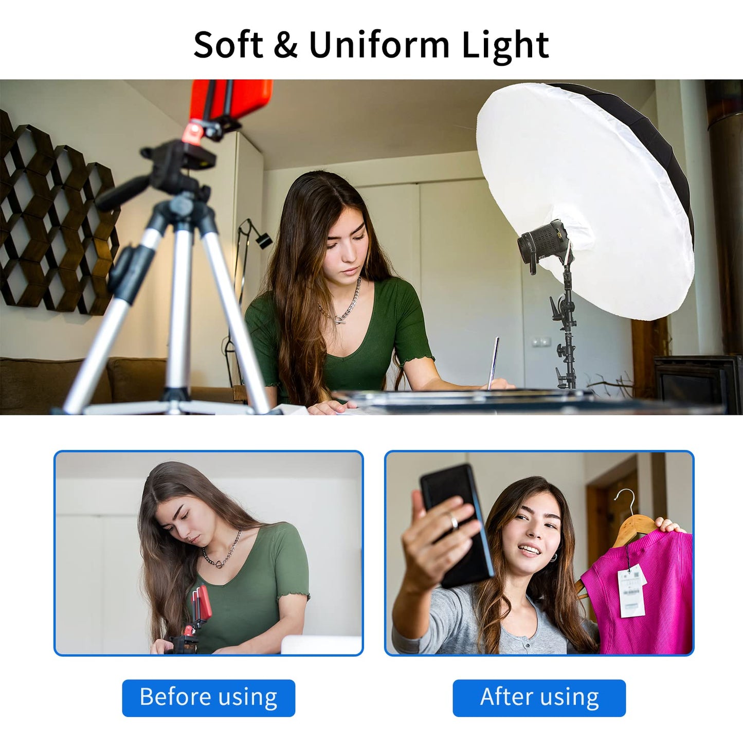 Selens 41 Inch Professional Photography Studio Umbrella Diffuser Soft Light Cloth for 16 Rods Black/Silver Parabolic Reflective Lighting Umbrella