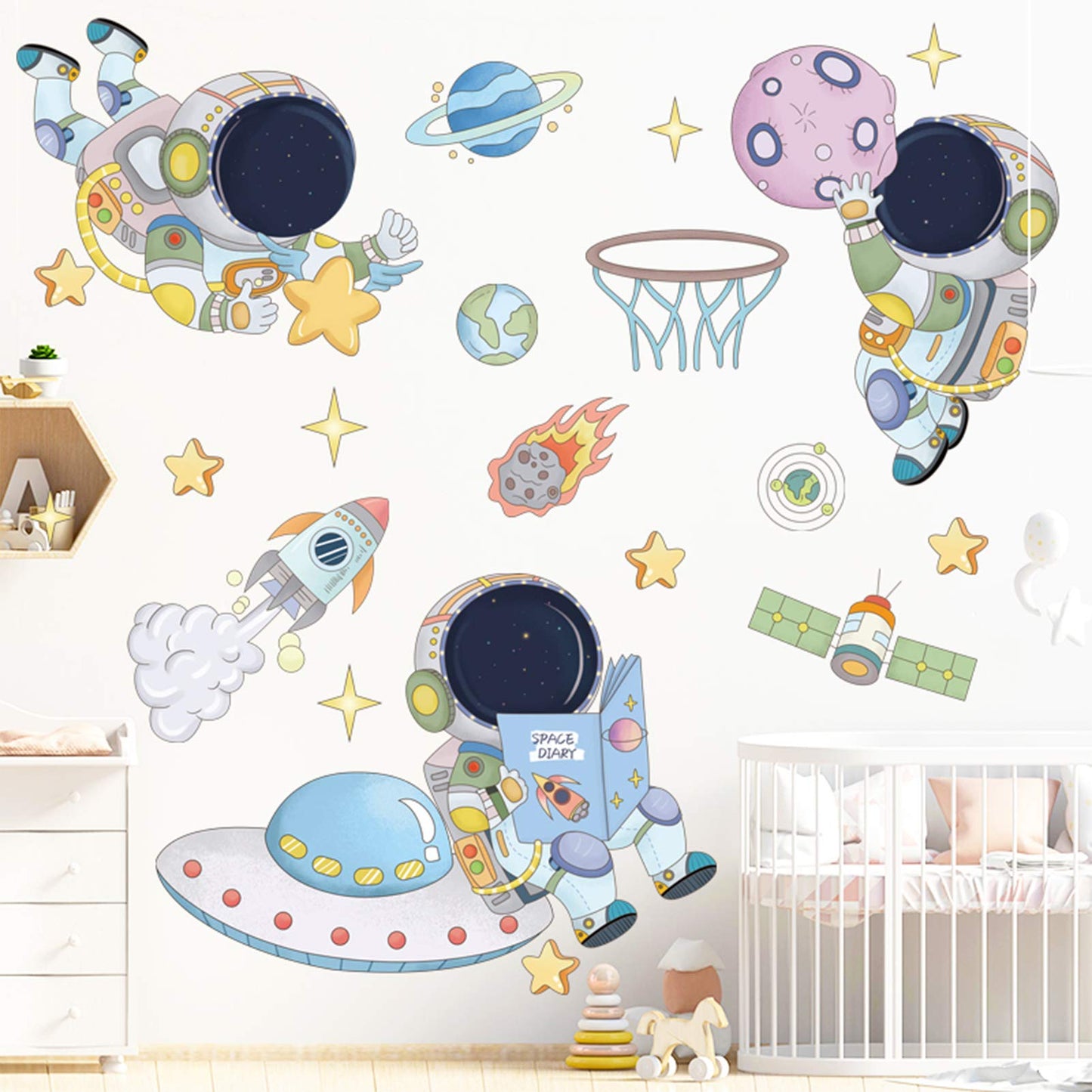 DILIBRA - Calcomanías de pared para astronautas, planeta, paseo espacial, naves espaciales, vinilo extraíble, murales de pared, lindos dibujos animados, astronauta cosmonauta, papel pintado para niños