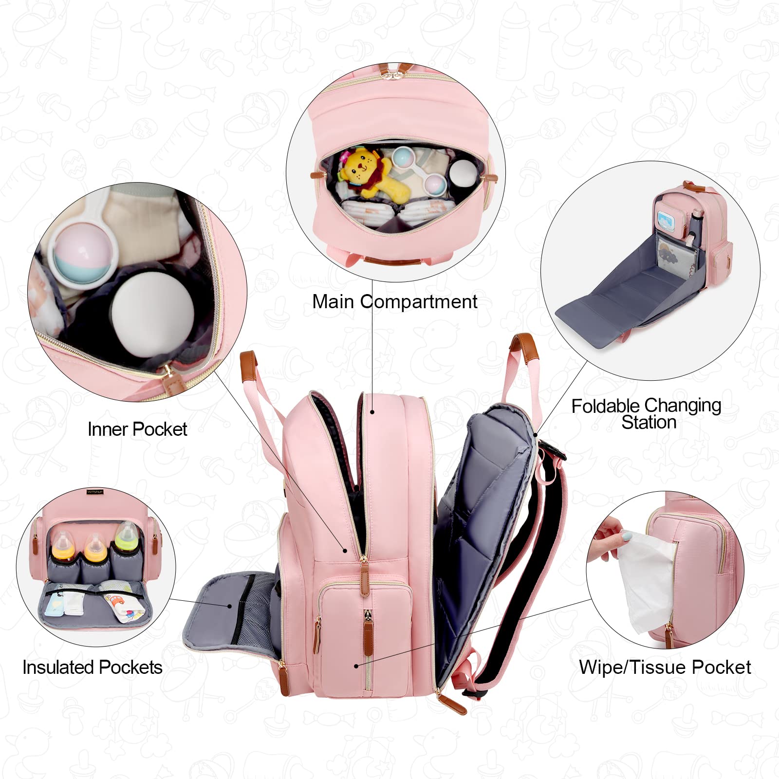 WITSTEP - Mochila para pañales con estación de cambio, organizador de pañales para bebés, para mamás, papás, bolsas grandes para cambiar de bebé, Rosado, Large, Mochila para pañales con cambiador