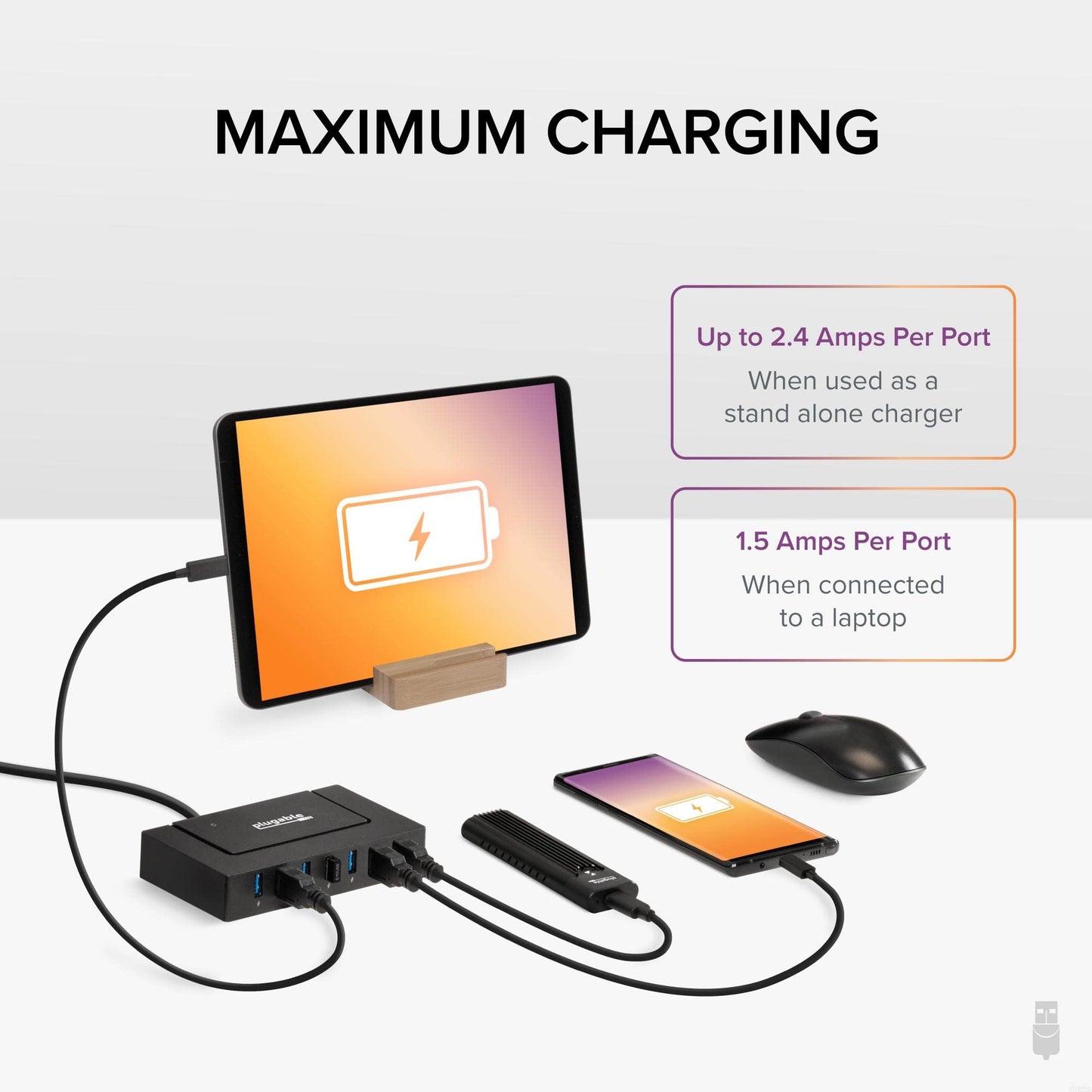 Hub de Carga USB Plugable Negro de 7 Puertos con USB-C para Transferencia de Datos y Alimentación de 60W