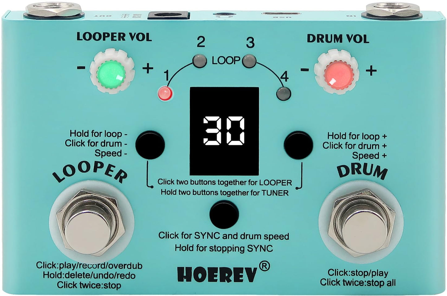 HOEREV Máquina de tambor de guitarra, afinador 3 en 1, pedal de bucle para guitarra eléctrica, pedales de bajo, estación tipo C puede ser puerto de fuente de alimentación