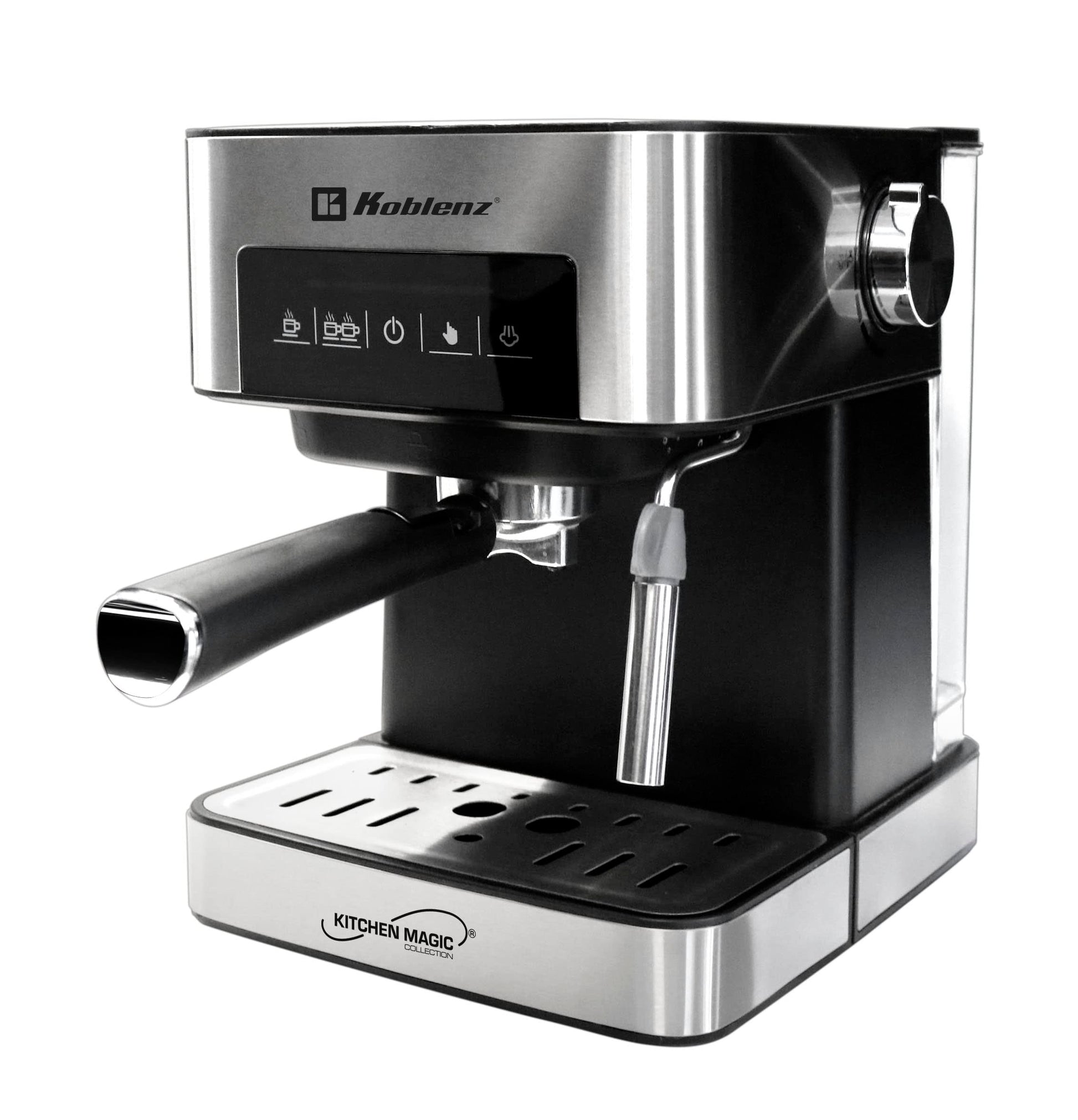 Koblenz Cafetera Espresso y Cappuccino, 2 Tazas, 20 Bares de Presión, 850 W, Sistema de Espuma para Café Cappuccino, Tanque de Agua 1.6 L, Filtro Lavable, Negro con Acero Inoxidable (CKM-750 EIN)