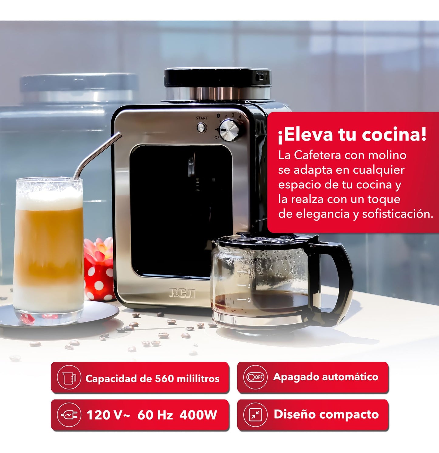 Cafetera RCA Inoxidable con Molino Integrado y Sistema Antigoteo Automática para 4 Tazas