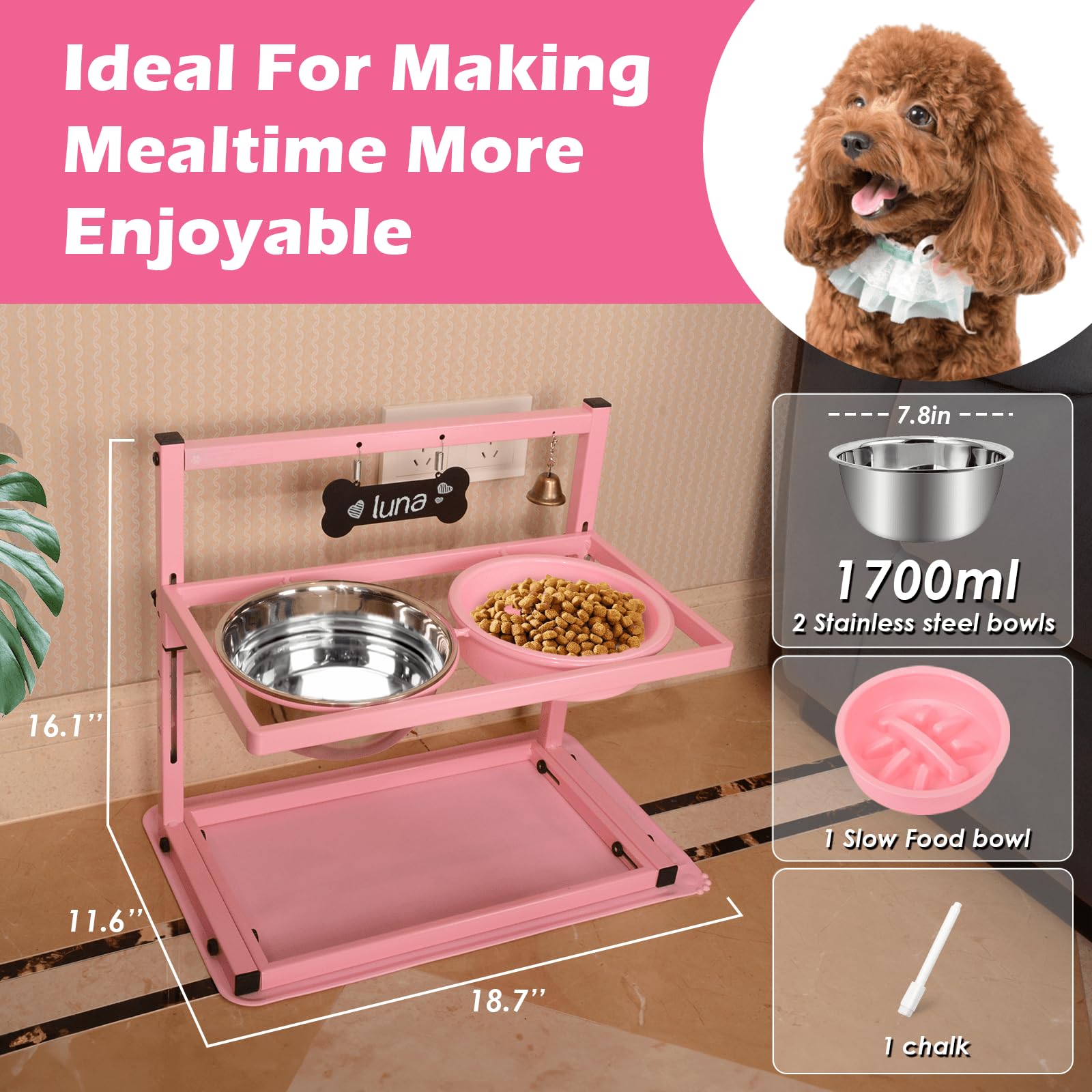 Cuencos Elevados SHAINFUN Rosa con Soporte Ajustable y 2 Cuencos de Acero Inoxidable para Perros Grandes, Medianos y Pequeños
