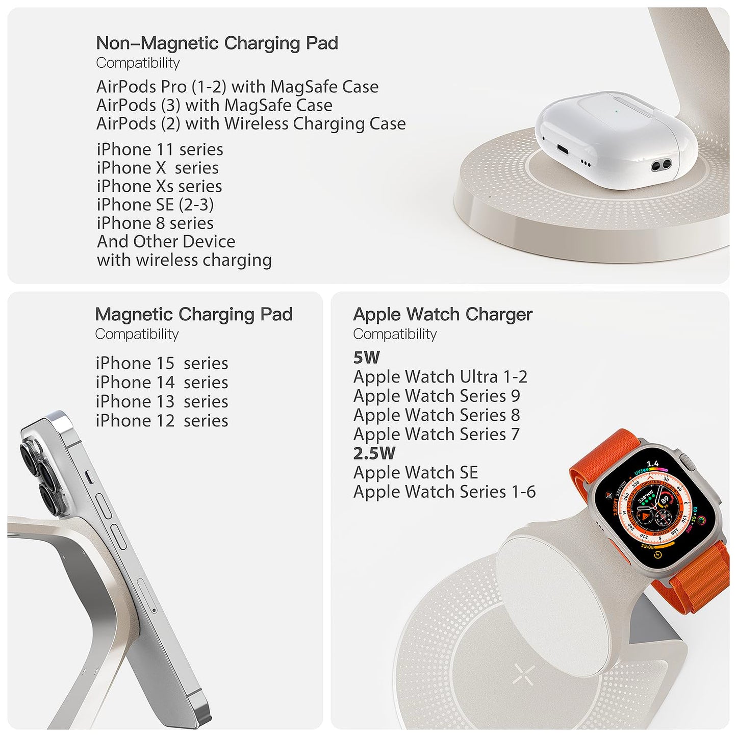 Estación de carga 3 en 1 para dispositivos Apple, soporte de carga rápida Mag-Safe, cargador inalámbrico para iPhone 16/15/14/13/12, y AirPods, e iWatch (cargador USB incluido)