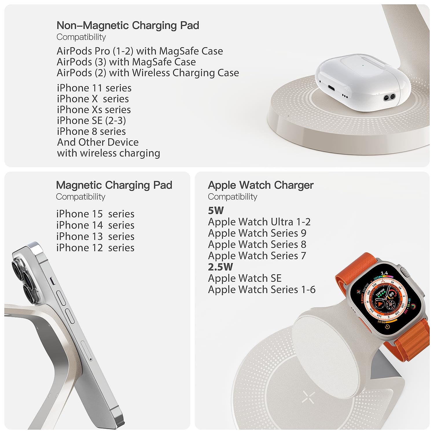 Estación de carga 3 en 1 para dispositivos Apple, soporte de carga rápida Mag-Safe, cargador inalámbrico para iPhone 16/15/14/13/12, y AirPods, e iWatch (cargador USB incluido)