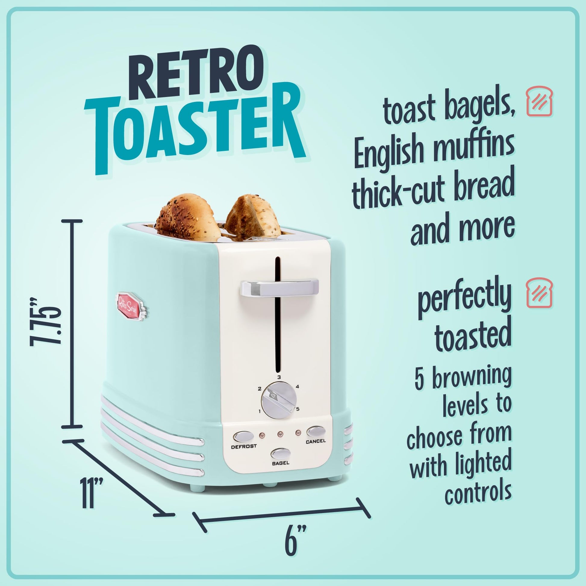 Nostalgia - tostador ancha de 2 rebanadas perfecta para pan, magdalenas inglesas, bagels, 5 niveles de dorado, con bandeja para migas y almacenamiento de cables, color aguamarina