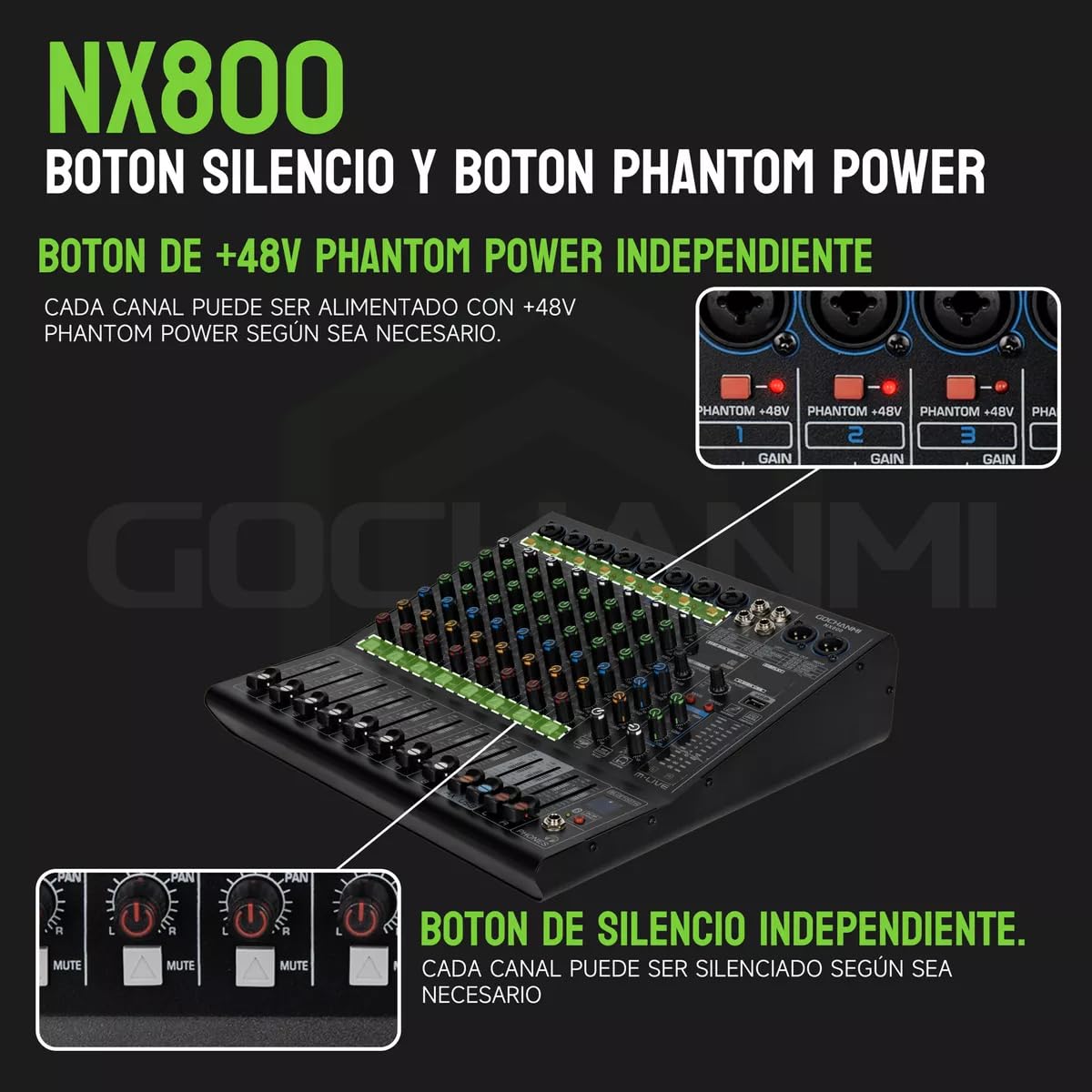 GOCHANMI NX800 Mezcladora de Audio 8 Canales 99 DSP Efectos Preamplificador Mixer USB Interfaz Bluetooth con independiente 48V Alimentación Fantasma y un ecualizador de 7 segmentos (NX800)