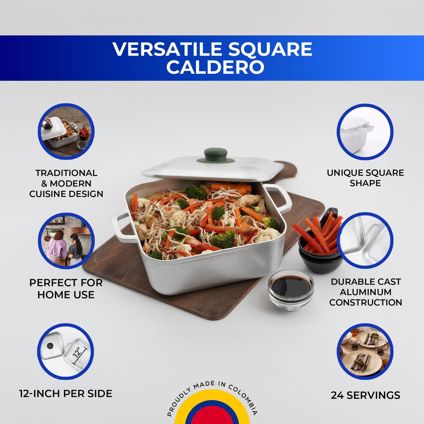 Caldero Cuadrado Universal Unique de 9 qt (24 tazas) – Olla de aluminio inoxidable apta para horno, tapa incluida, distribución uniforme del calor, ideal para guisos, arroces y comidas familiares