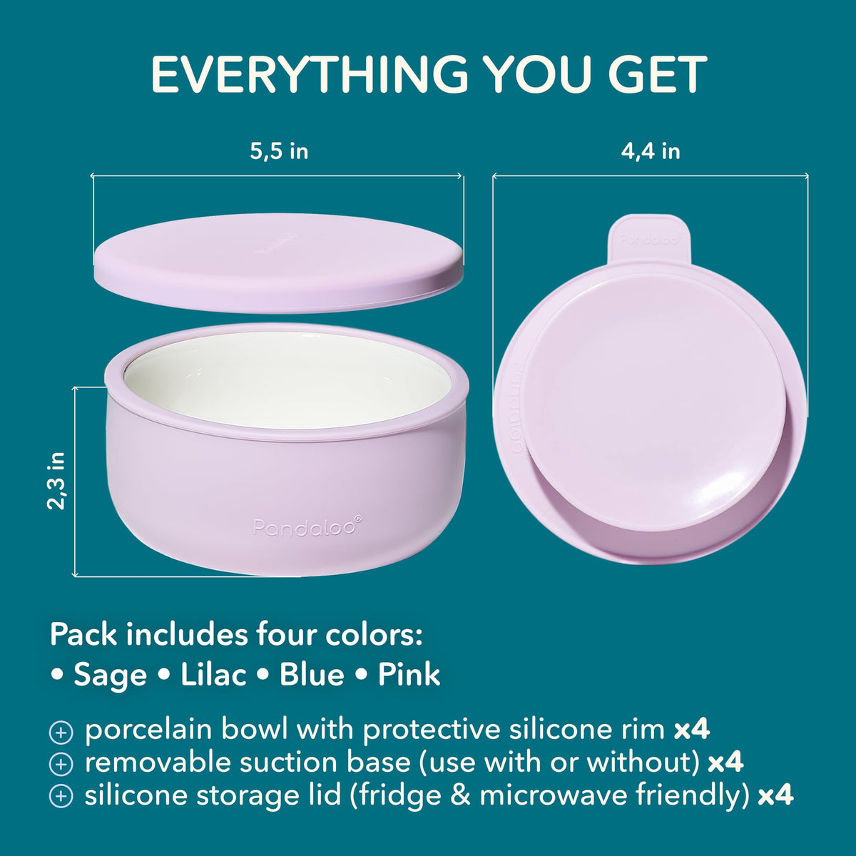 Pandaloo ® Juego de 4 cuencos de porcelana para niños con base de succión extraíble y tapa de silicona, cuencos no tóxicos para la alimentación de niños pequeños, aptos para microondas y lavavajillas,