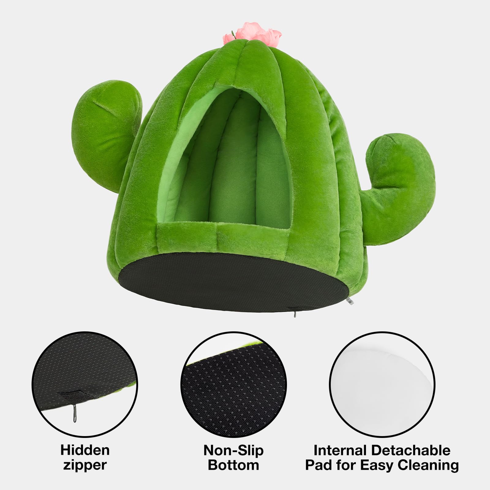 VETRESKA Bonita cama de cactus para gatos y perros, casa de cueva para gatos, cómoda cama para mascotas con cojín de rodar lavable a máquina para gatos, perros, cachorros, gatitos, conejos, cactus verde