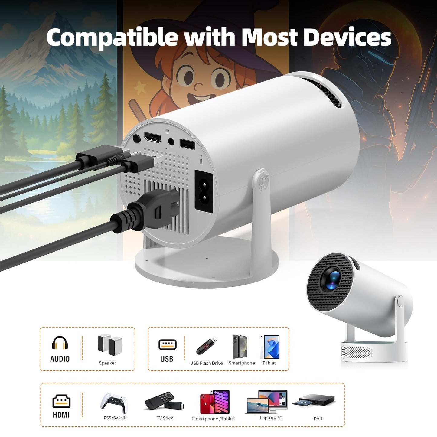 Mini proyector WiFi con Bluetooth, soporte Full HD 4K, proyector portátil inteligente Android 11.0, rotación de 270°, corrección automática vertical Keystone