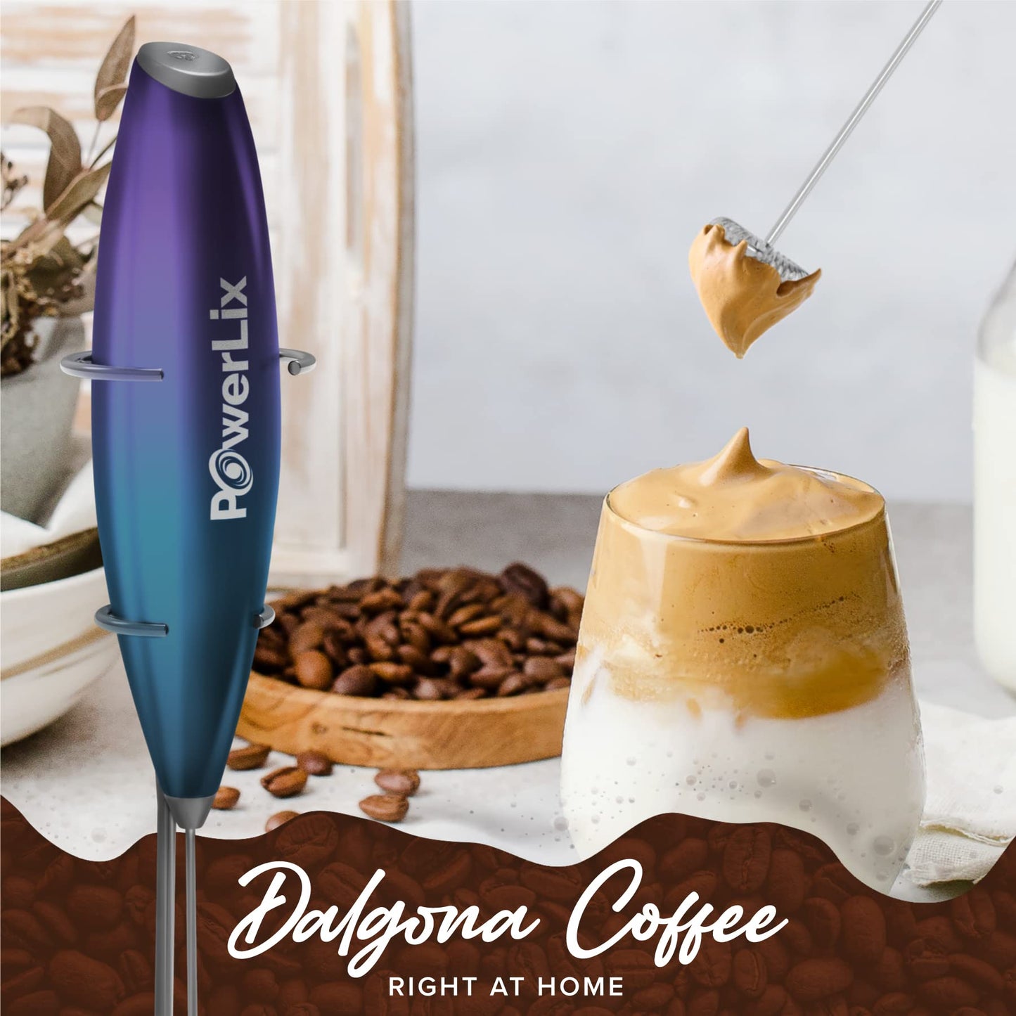 Espumador de Leche PowerLix Negro con Soporte y Pilas para Café