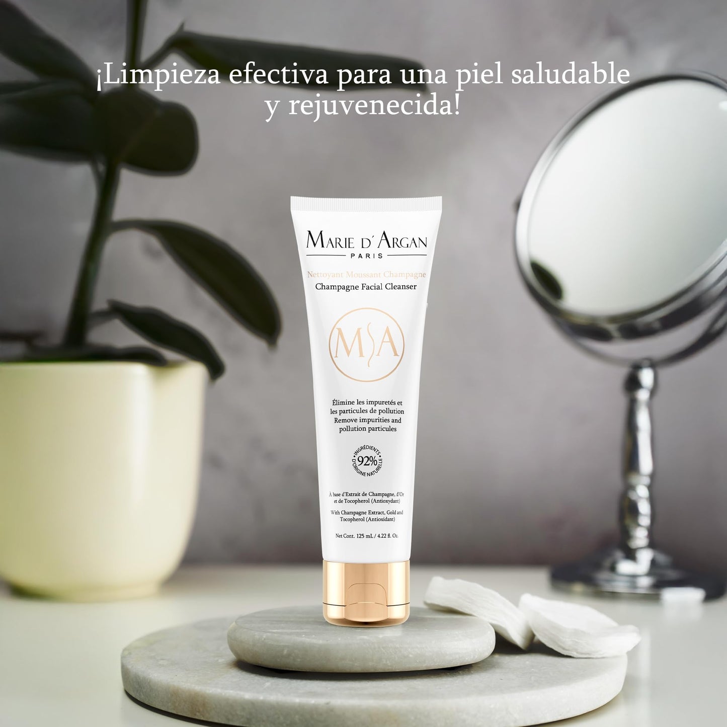 Marie D’Argan Limpiador Facial Champagne Con Oro Coloidal Y Vitamina E 125 ml, Limpieza Profunda, Control De Grasa, Ilumina Y Renueva, Sin Parabenos, Para Piel Normal, Mixta Y Grasa