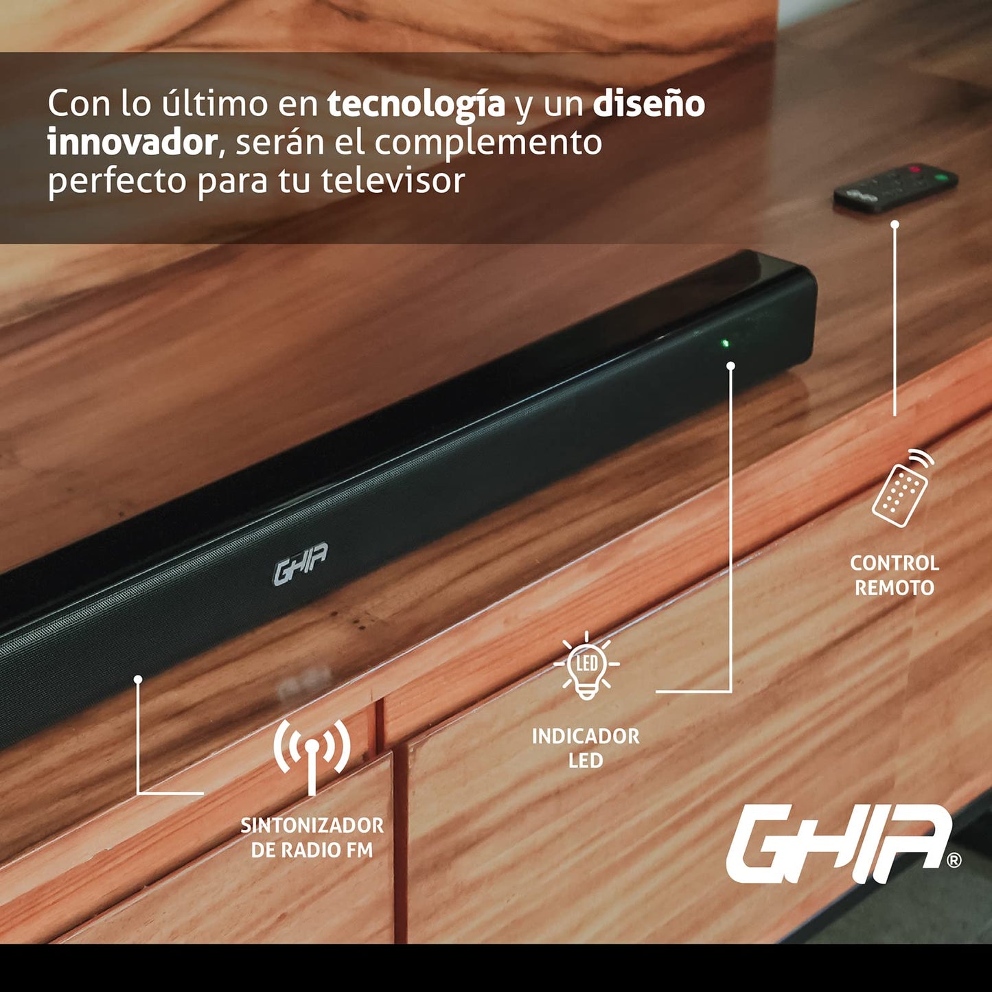 GHIA Barra de Sonido GSB-012. Audio de 2.0 Canales, Potencia 20w RMS, Batería Recargable 2200MAh. Conexión inalámbrica, Bluetooth, USB, Radio FM, Puerto Óptico.