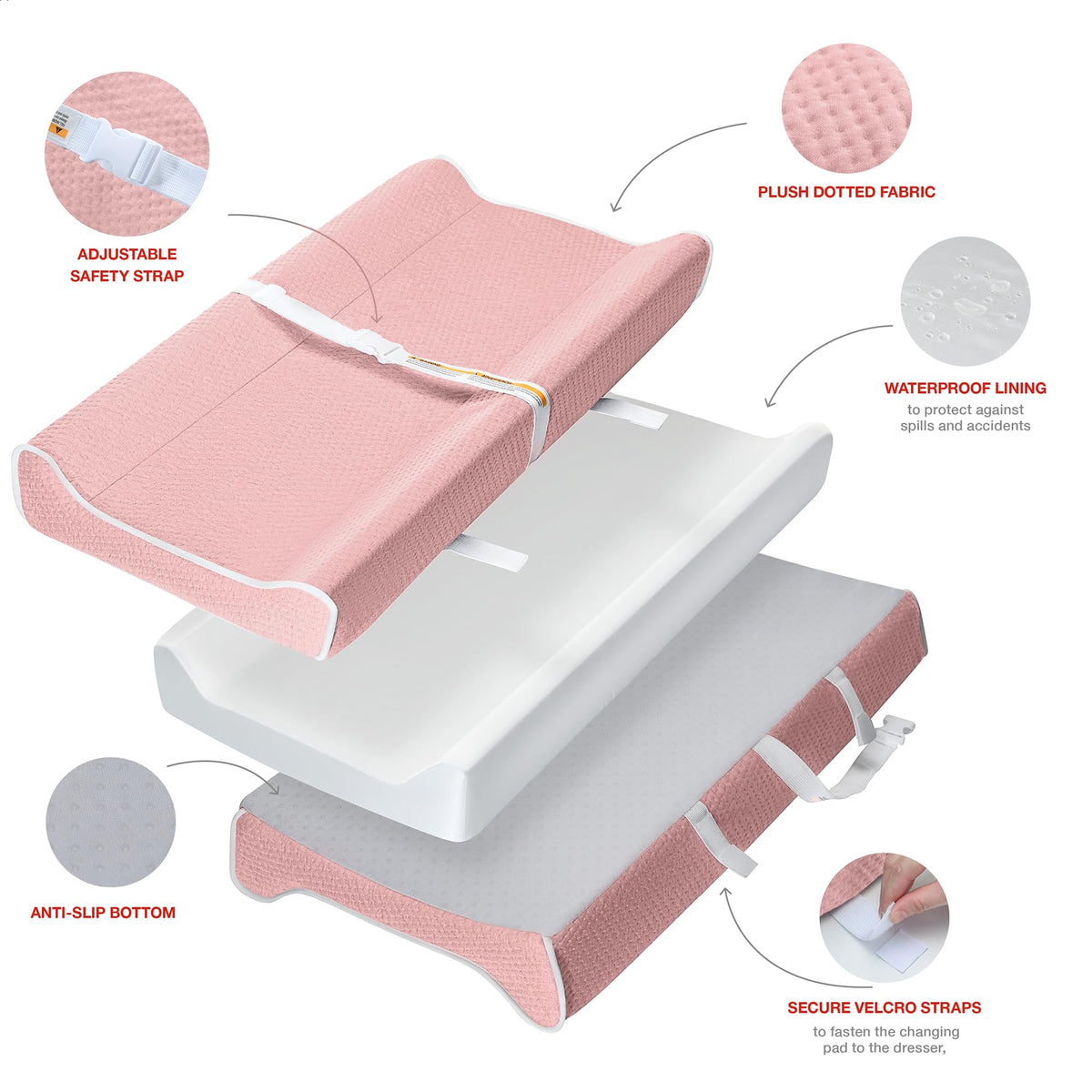 Cambiador – Cambiador de espuma contorneado para bebé para cambiador, cambiador de pañales impermeable, incluye funda antideslizante, suave, extraíble y lavable, barra de juguete portátil con modo