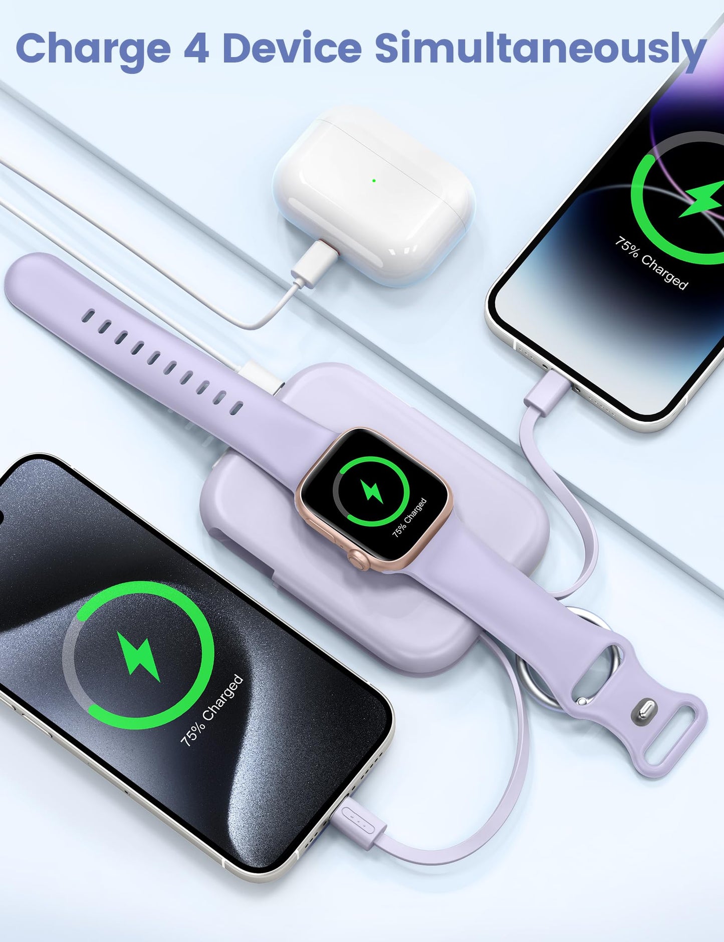 Power Bank RORRY Púrpura con Cables Integrados para Apple Watch e iPhone