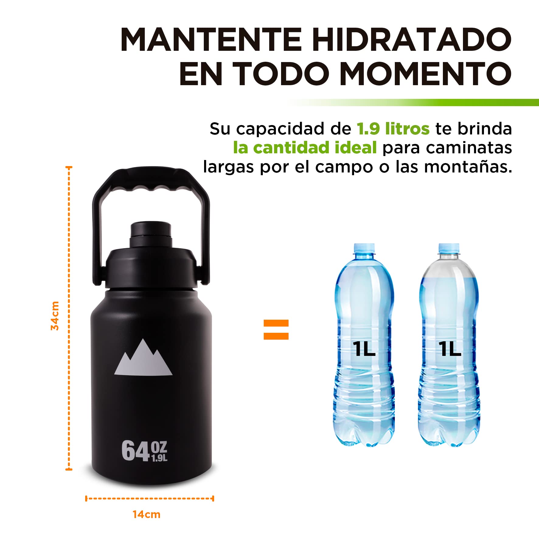 HIKEO Termo Jumbo XL Acero Inoxidable 1.89 Litros Extra Grande, Botella de Agua Hermética con Doble Pared de Aislamiento Térmico, 14 Horas Agua Fría y 12 Horas Agua Caliente, para Camping y Deportes