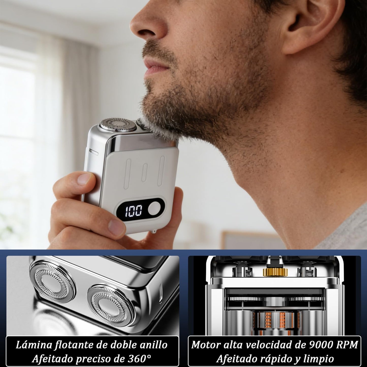Afeitadora Eléctrica Portátil Rotativa,9000 Rpm de Mini Rasuradora Eléctrica,Luggage Electric Shaver,Doble Cabezal,un Botón,Uso en Seco y Húmedo,Afeitado Precisión de 360°,para Viajes,Hogar y Oficina (Blanco)