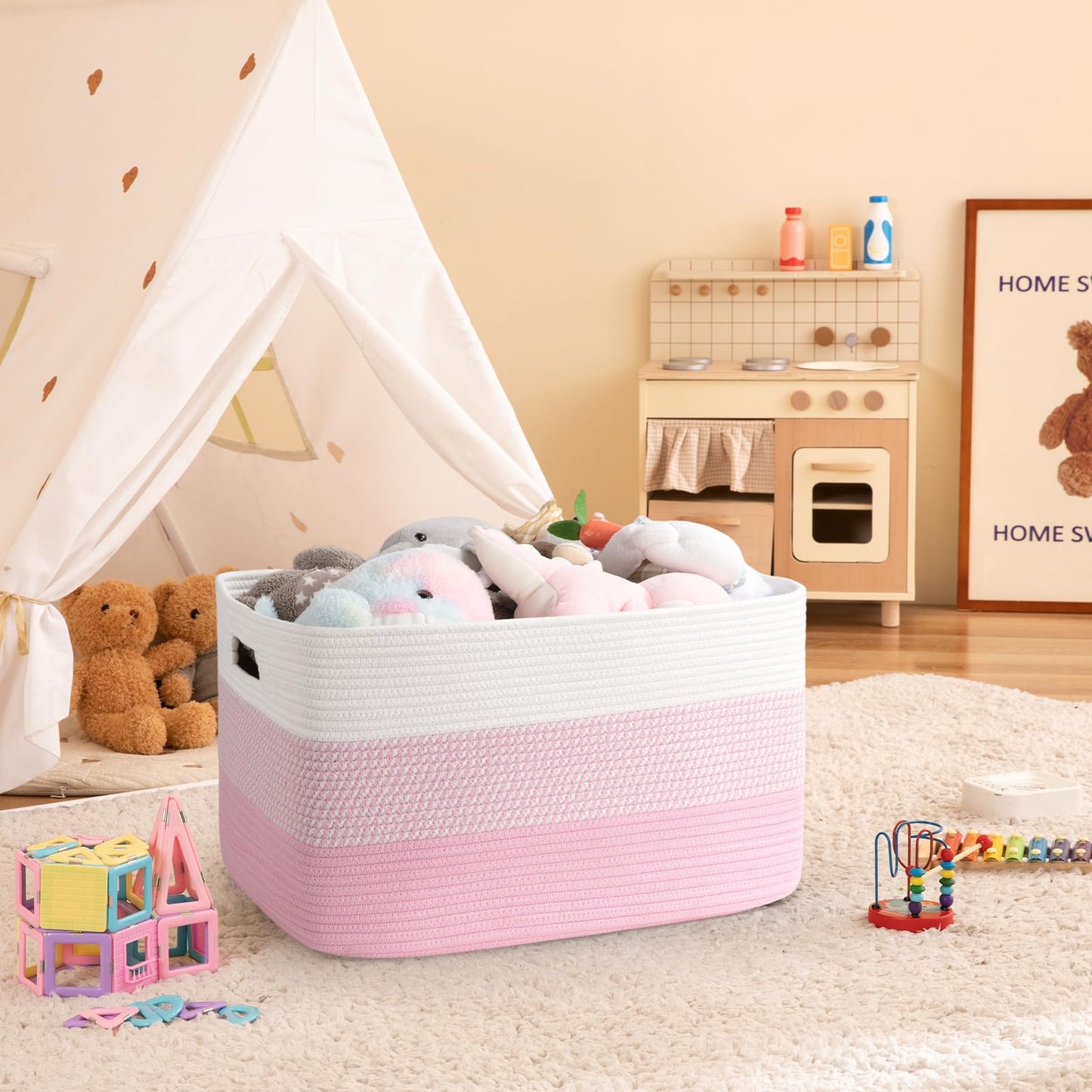 OIAHOMY - Cesta de Manta Grande, 22 X 17 X 12 Pulgadas, Cestas Tejidas Rectangulares para Guardería, Sala de Estar, Almacenamiento de Juguetes con Asa, Cestas Grandes para Organizar, Color Rosa/blanco