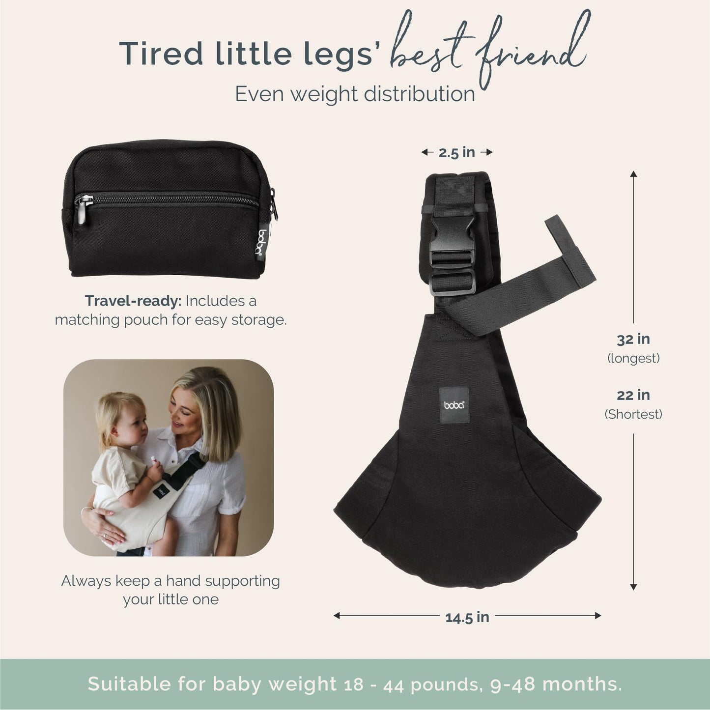 Boba Buddy - Sling portabebés de algodón de pana para bebé, ergonómico con correas ajustables, hebilla de seguridad y asiento espacioso, incluye bolsa de transporte a juego (9-48 meses/18-44 libras)