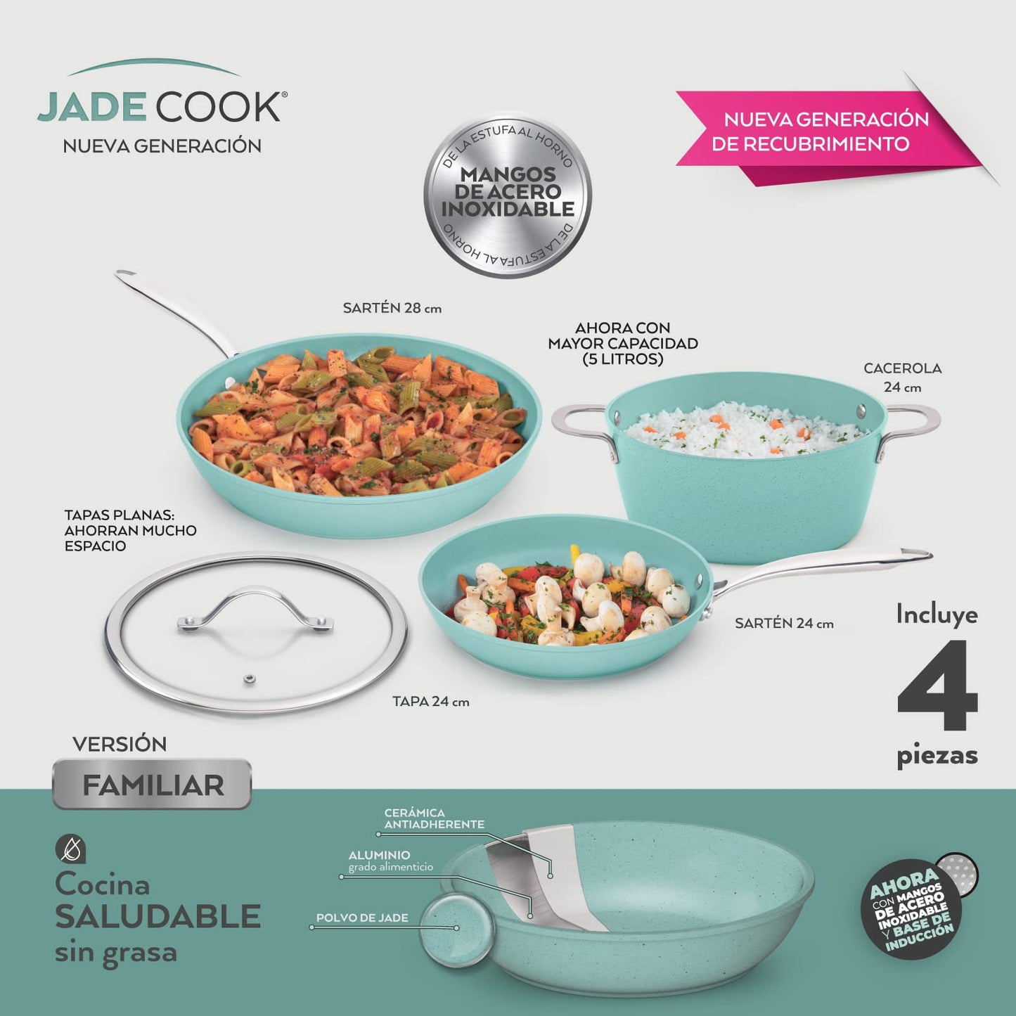 JADECOOK Bateria de Cocina Jade Cook Nueva Generación CV Directo Baterias de Cocina Premium Incluye 4 Piezas 2 Sartenes Antiadherentes 1 olla con Tapa Libre de Toxicos Set de Ollas