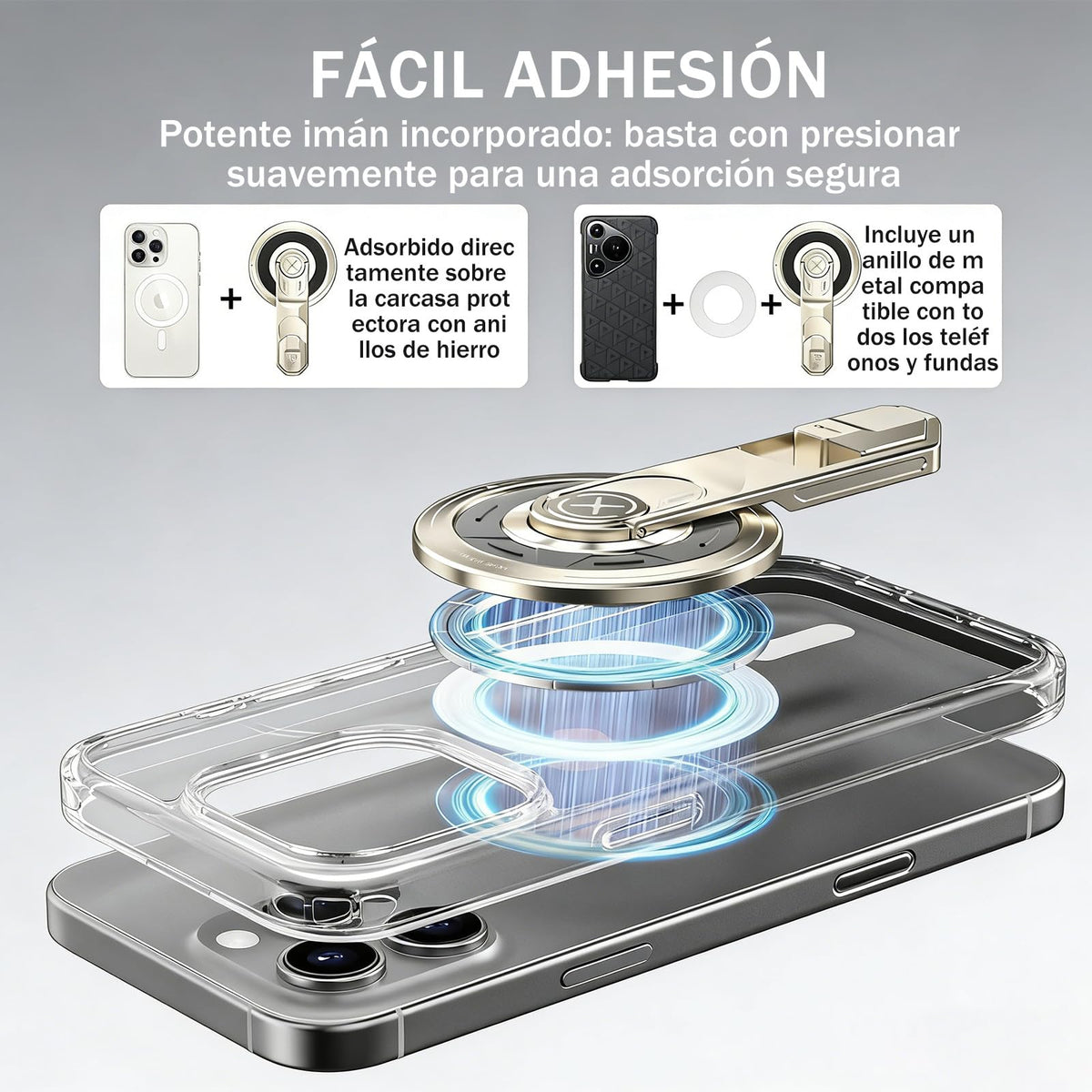 Soporte Magnético para Celular Aleación de Aluminio Dorado 360° con Anillo y Botón de Alivio de Presión