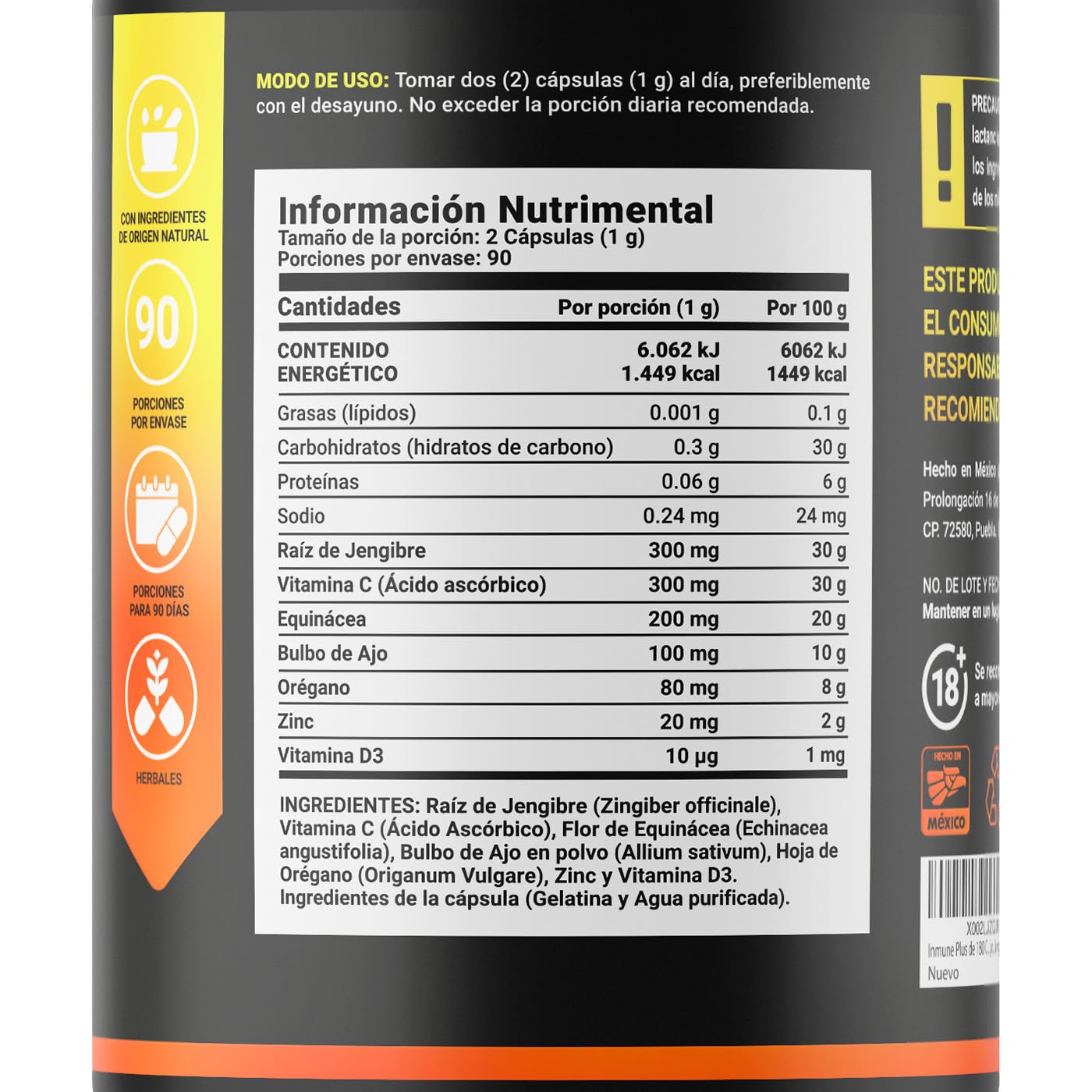 Immun Blend | 180 Cápsulas 1000 mg por porción | Jengibre, Vitamina C, D3, Zinc, Equinácea, Orégano y Ajo. Ingredientes naturales. Immun Blend B Life.