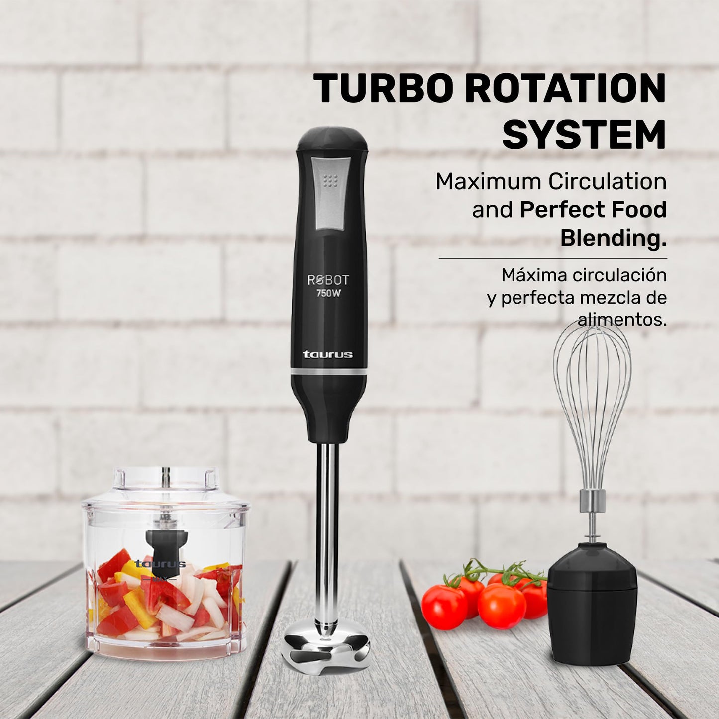 Batidora de Inmersión Taurus Acero Inoxidable Caña Desmontable Turbo Rotation System Control Pulso Diseño Ergonómico y Anti Salpicaduras 750 W