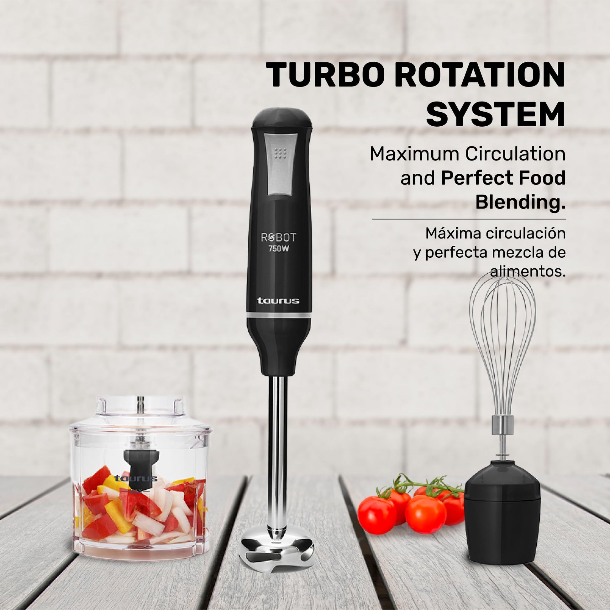 Batidora de Inmersión Taurus Acero Inoxidable Caña Desmontable Turbo Rotation System Control Pulso Diseño Ergonómico y Anti Salpicaduras 750 W