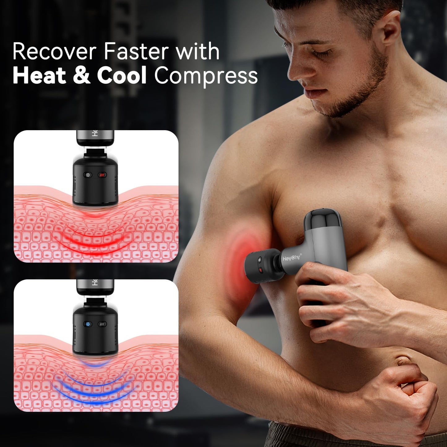 HEYCHY Mini pistola de masaje con calor y frío, pistola de masaje de tejido profundo, masajeador muscular de percusión portátil con 4 cabezales de masaje para deportistas