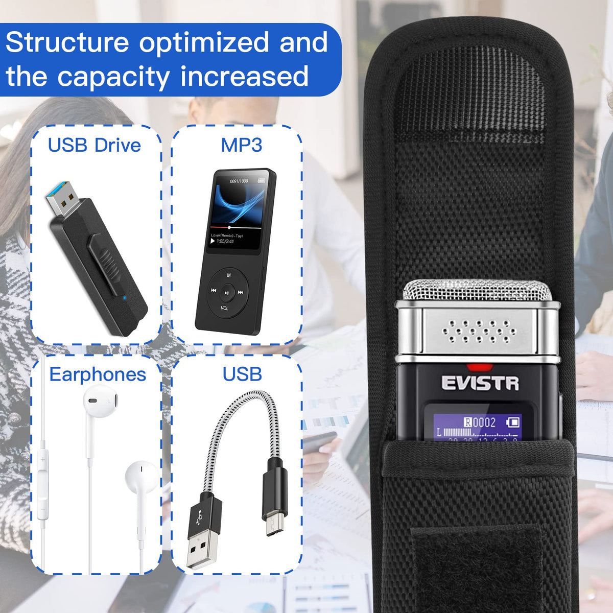 Estuche de Transporte EVISTR Negro con Mosquetón para Grabadoras de Voz Digitales de 16 GB y Sony ICD-UX570/ PX370/470/560