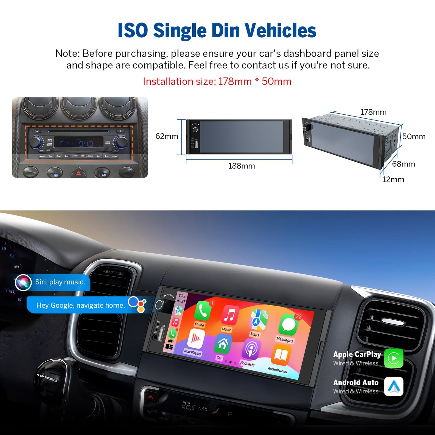 Eonon - Estéreo de coche DIN único de 6.4 pulgadas, inalámbrico CarPlay y Android Auto, visualización táctil IPS (1280 x 480), ST TDA7851 Amp, cámara de respaldo, control de dirección, Bluetooth 5.3